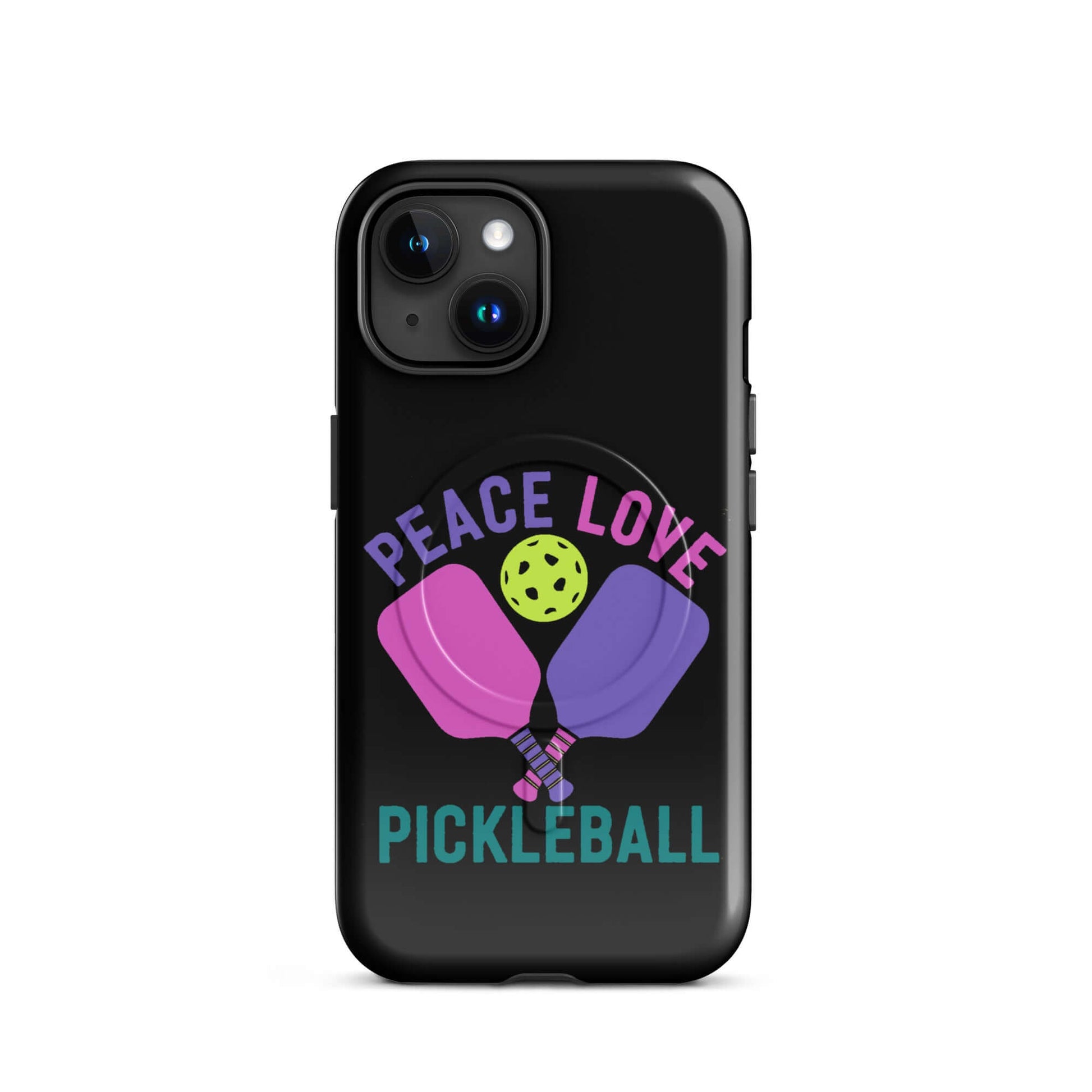 Black MagSafe® Tough Case for iPhone® with Peace, Love, and Pickleball design featuring paddles and a ball.