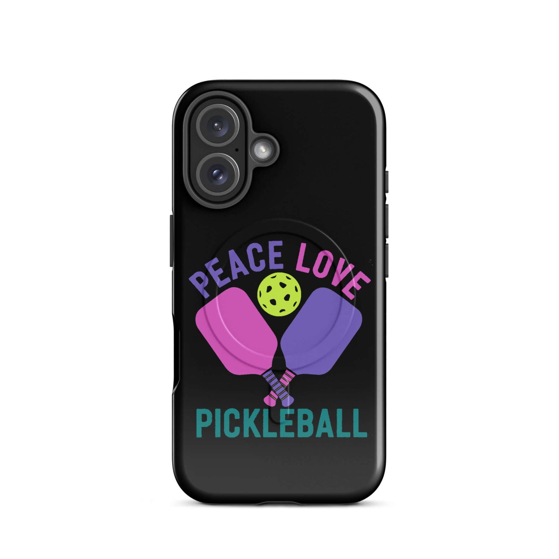 Peace, Love, Pickleball black MagSafe® tough case for iPhone®, featuring vibrant paddles and a pickleball.