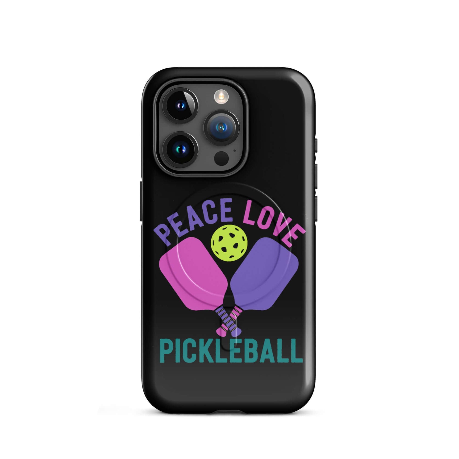 Peace Love Pickleball black MagSafe Tough Case for iPhone with colorful paddles and ball design.