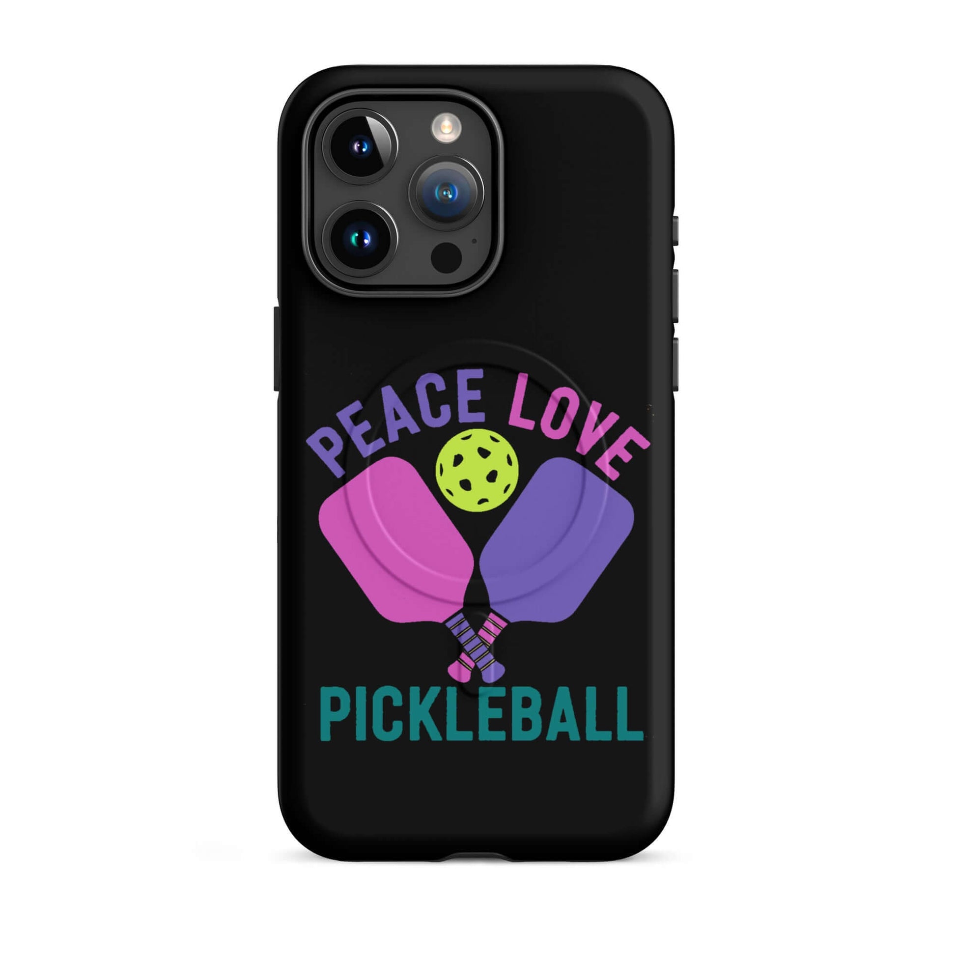 Peace, Love, Pickleball black MagSafe tough case design for iPhone featuring paddles and pickleball.