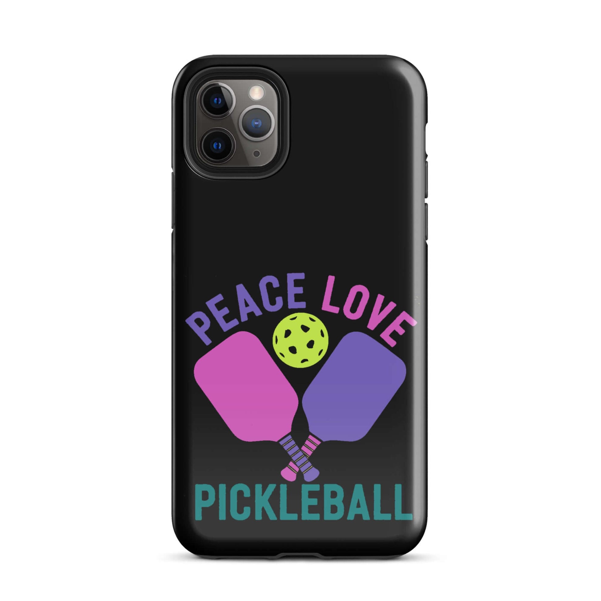 Peace Love Pickleball black iPhone case with paddles and a pickleball graphic design.