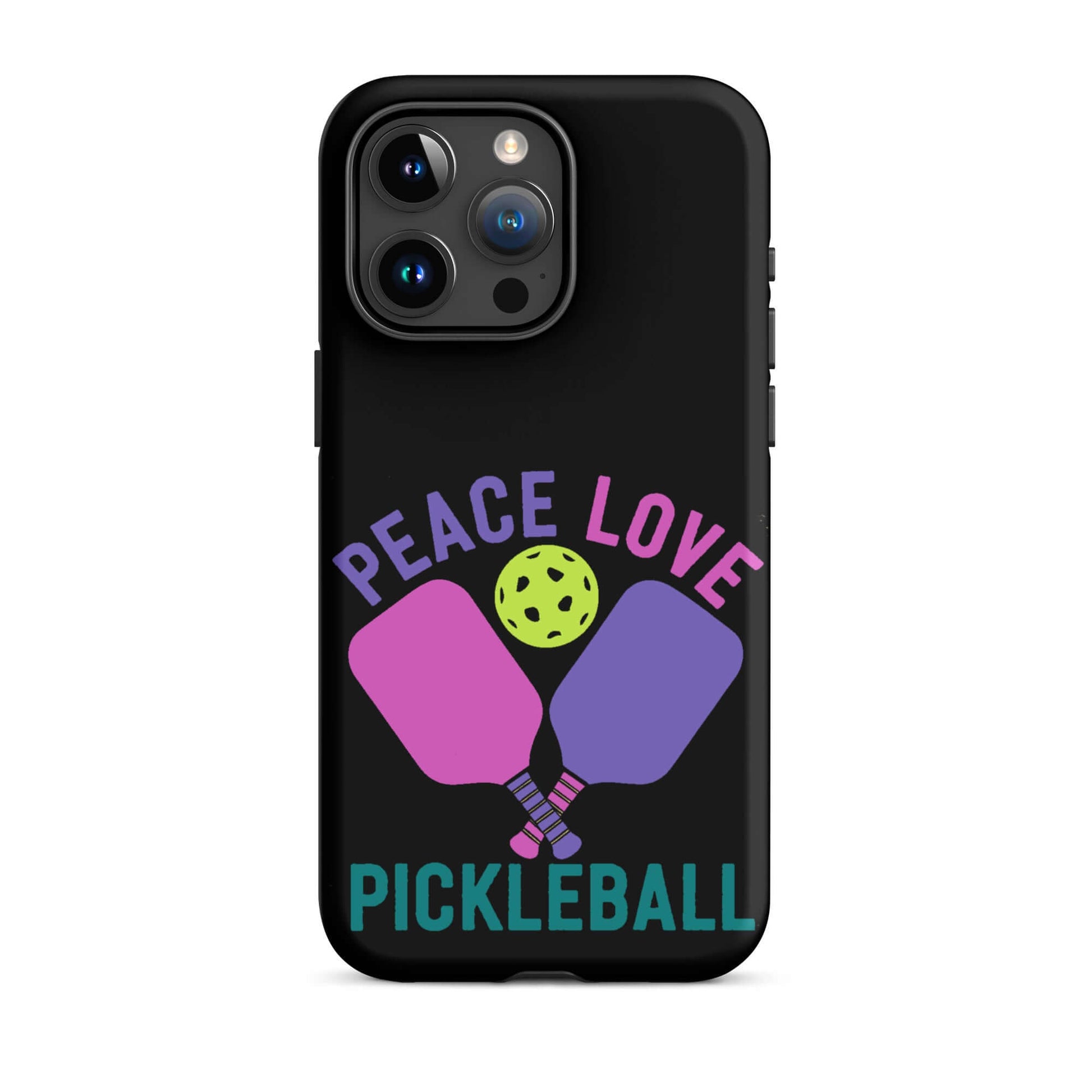Peace, Love, Pickleball black tough case for iPhone® featuring paddles and a pickleball design.
