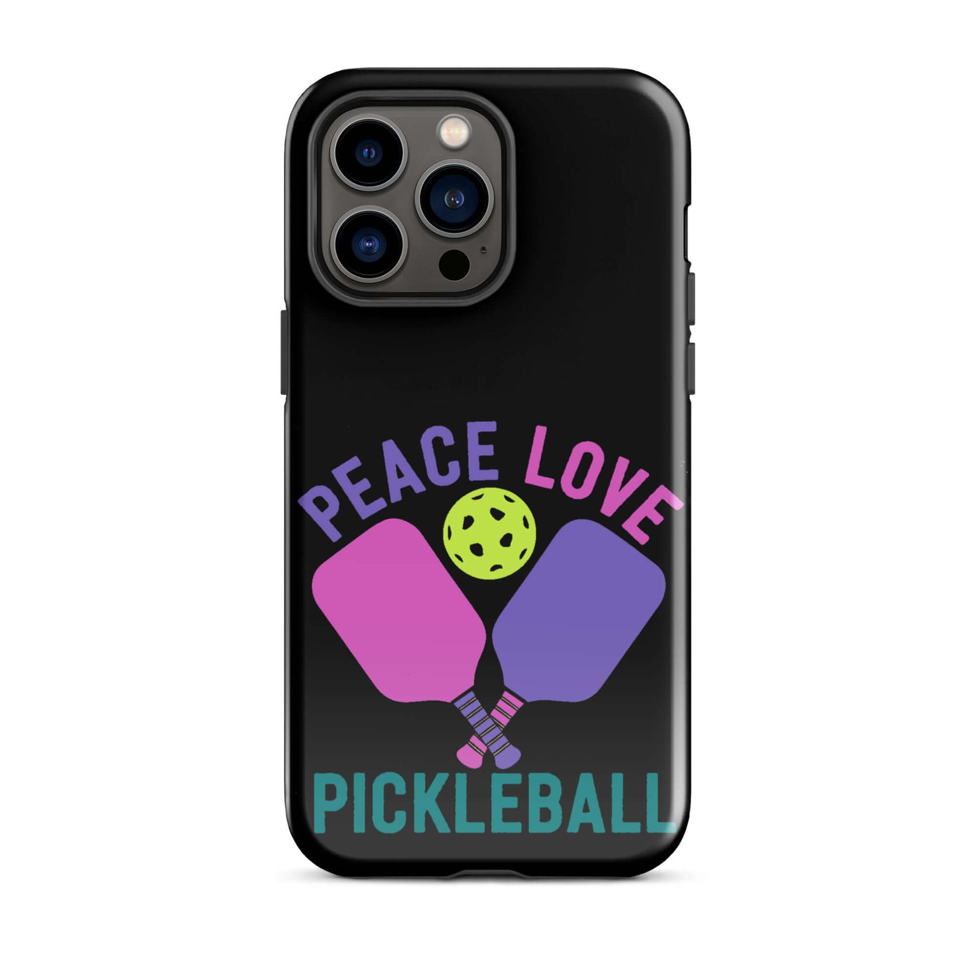 Peace, Love, Pickleball Black Tough Case for iPhone® with paddles and ball design.