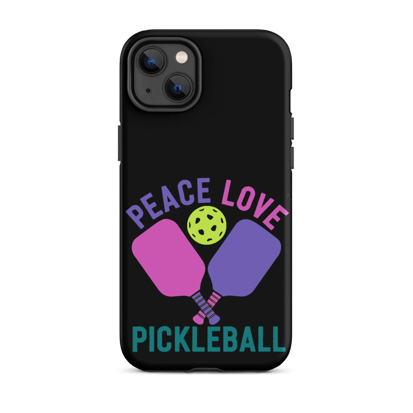 Peace Love Pickleball black tough case for iPhone, featuring paddles and pickleball design. Perfect for enthusiasts.