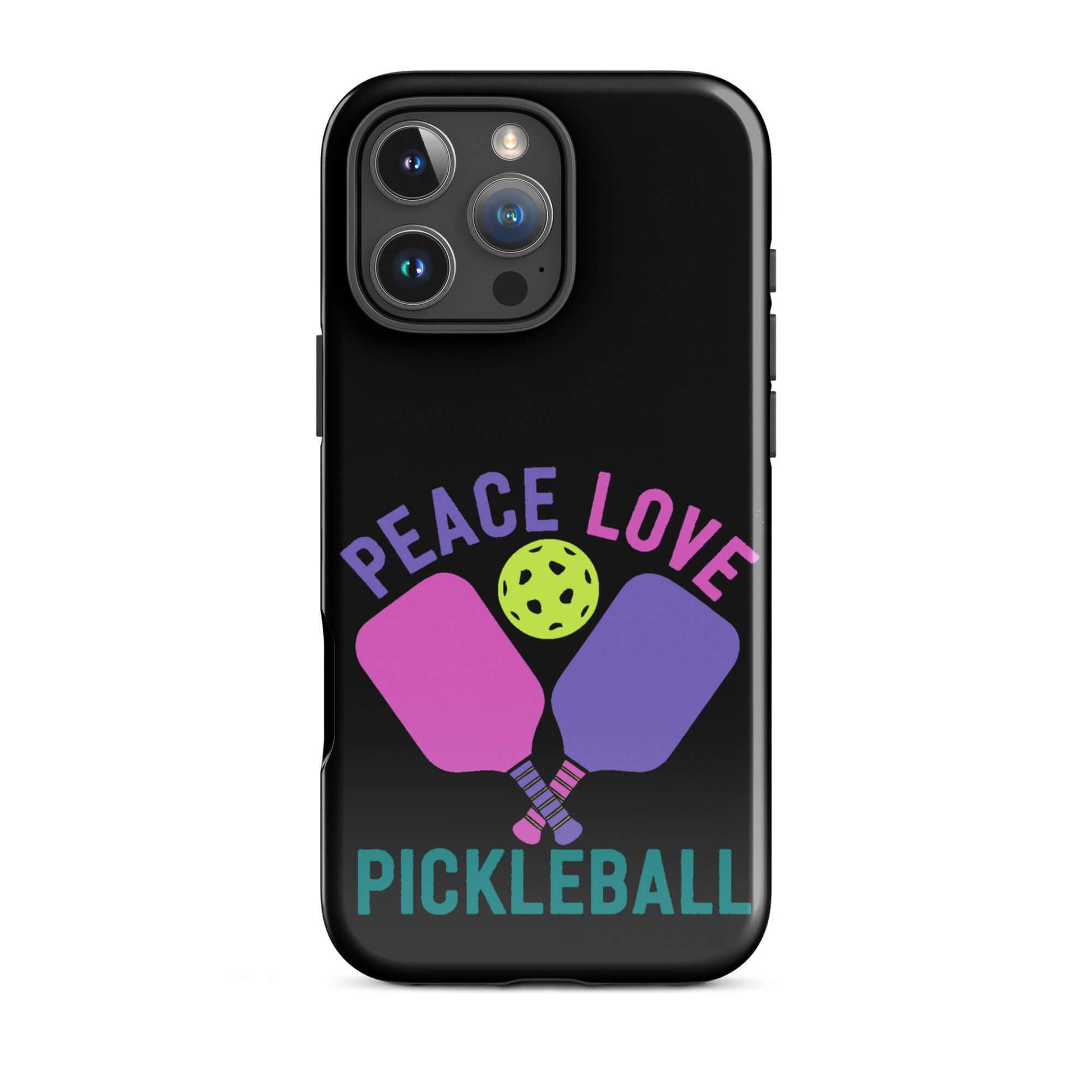 Peace Love Pickleball Black Tough Case for iPhone® featuring paddles and a pickleball design.