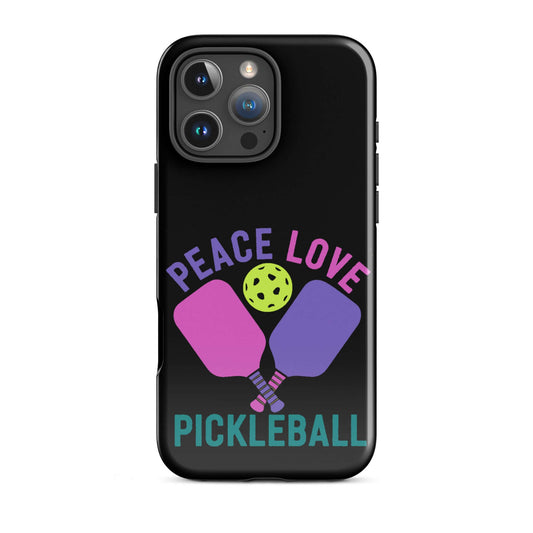 Peace Love Pickleball Black Tough Case for iPhone® featuring paddles and a pickleball design.