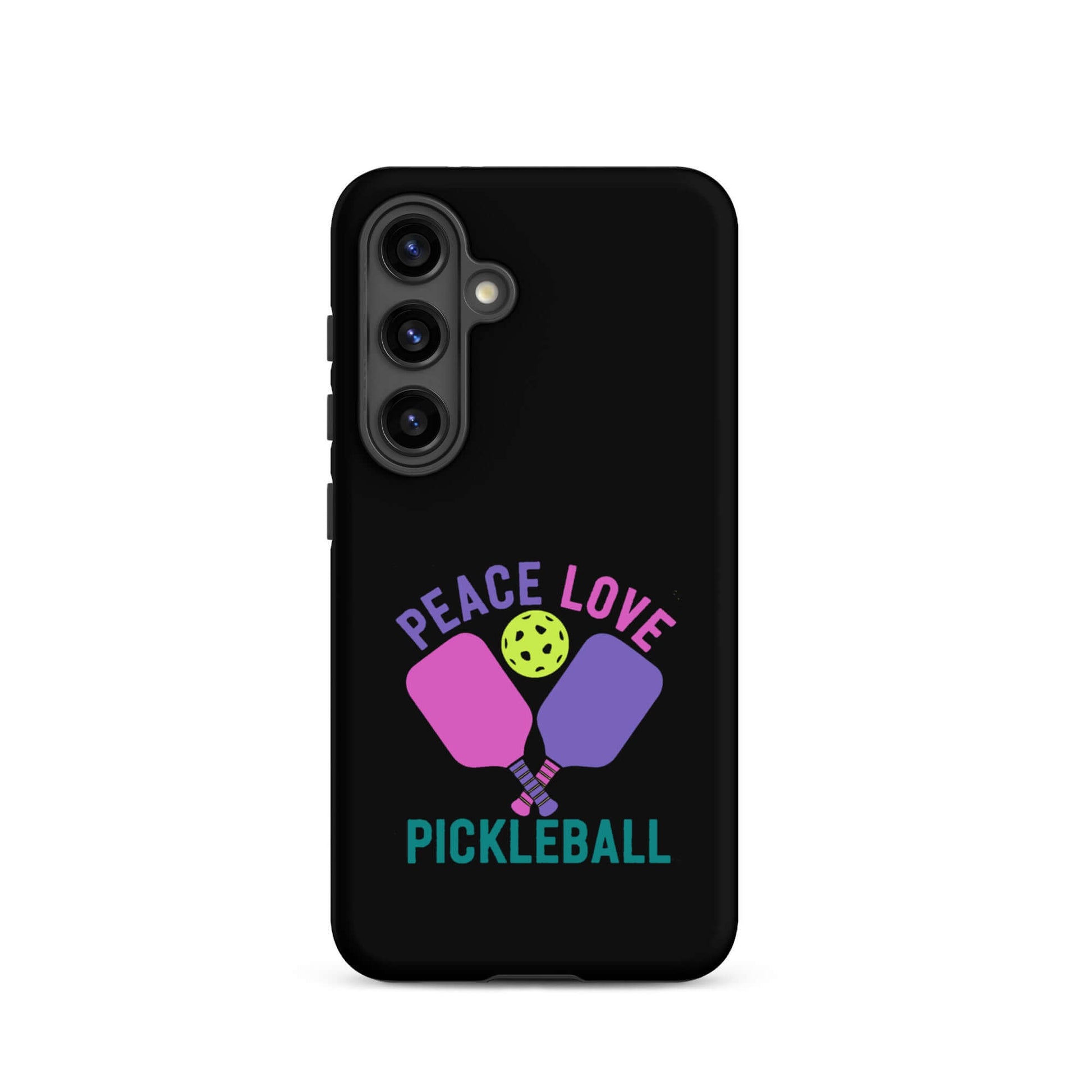 Peace Love Pickleball black tough case for Samsung Galaxy smartphones featuring paddles and a pickleball.