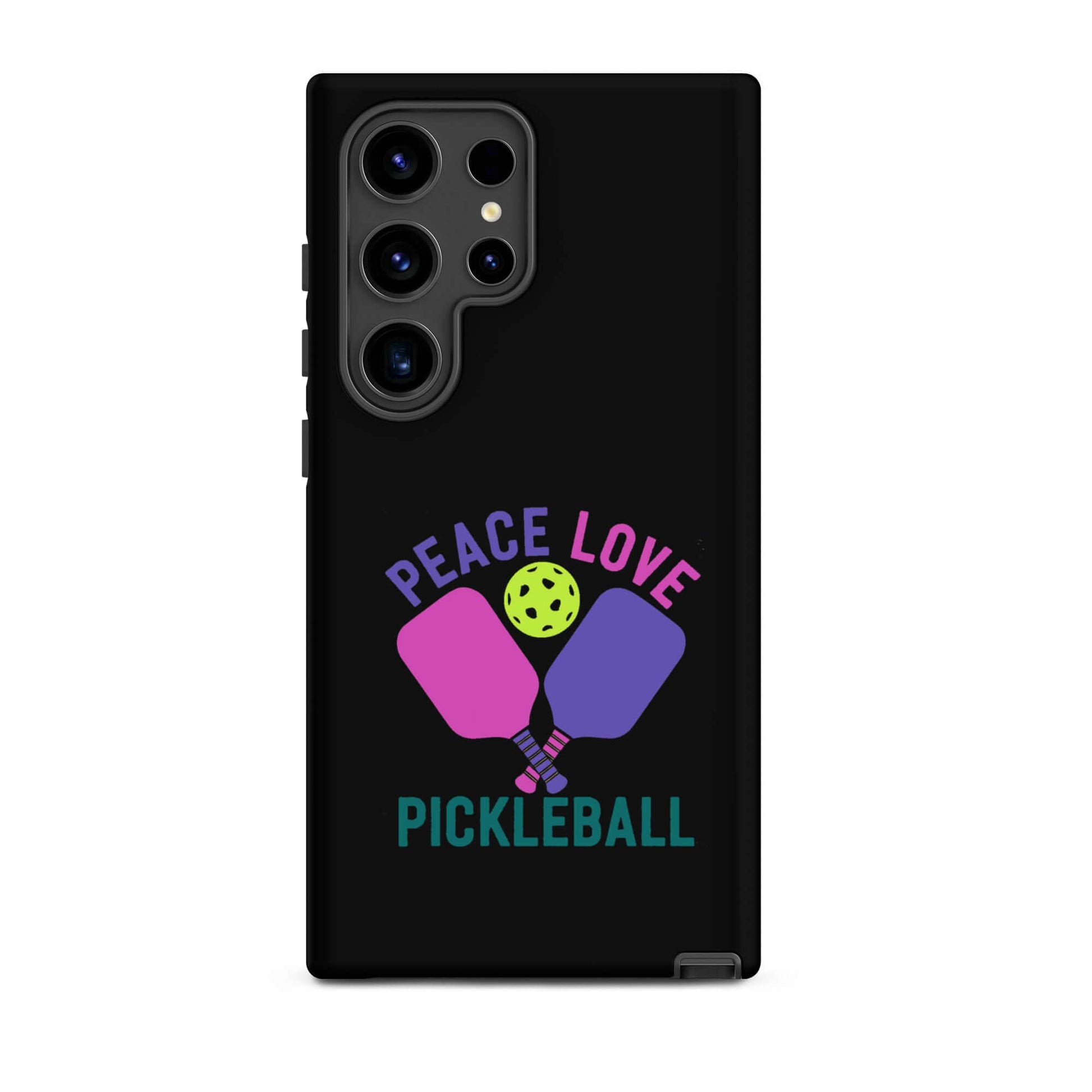 Peace Love Pickleball black tough case for Samsung Galaxy smartphones showcasing pickleball paddles.