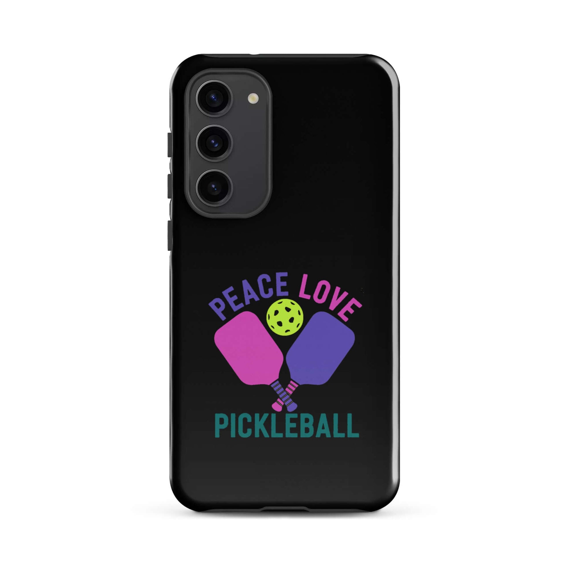 Peace Love Pickleball black tough case for Samsung Galaxy with colorful paddles and ball design.