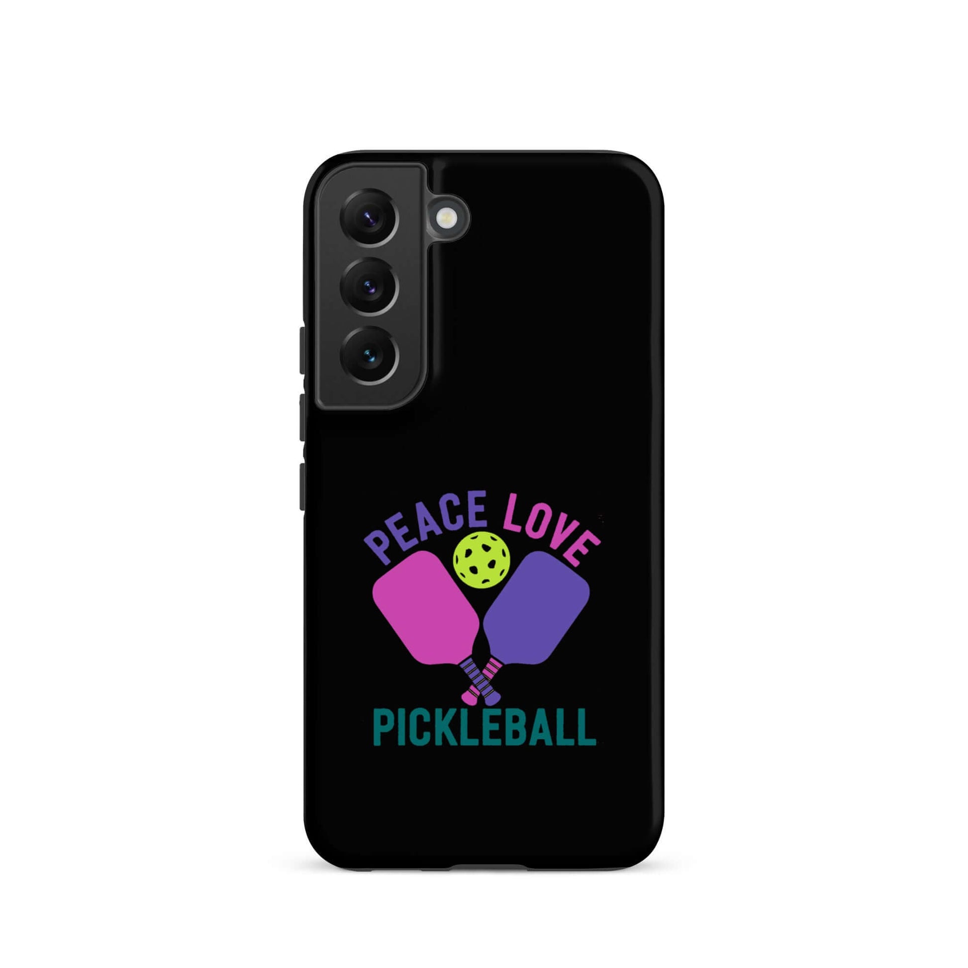 Peace Love Pickleball black tough case for Samsung Galaxy smartphones with colorful paddles and ball design.