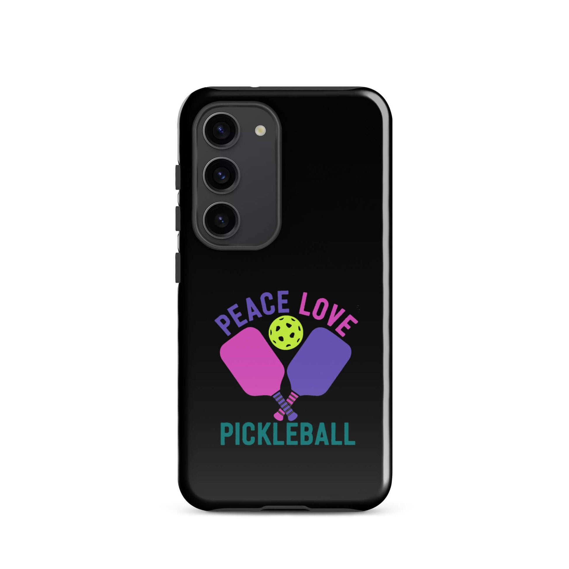 Peace Love Pickleball black tough case for Samsung Galaxy smartphones with colorful paddles and ball design.