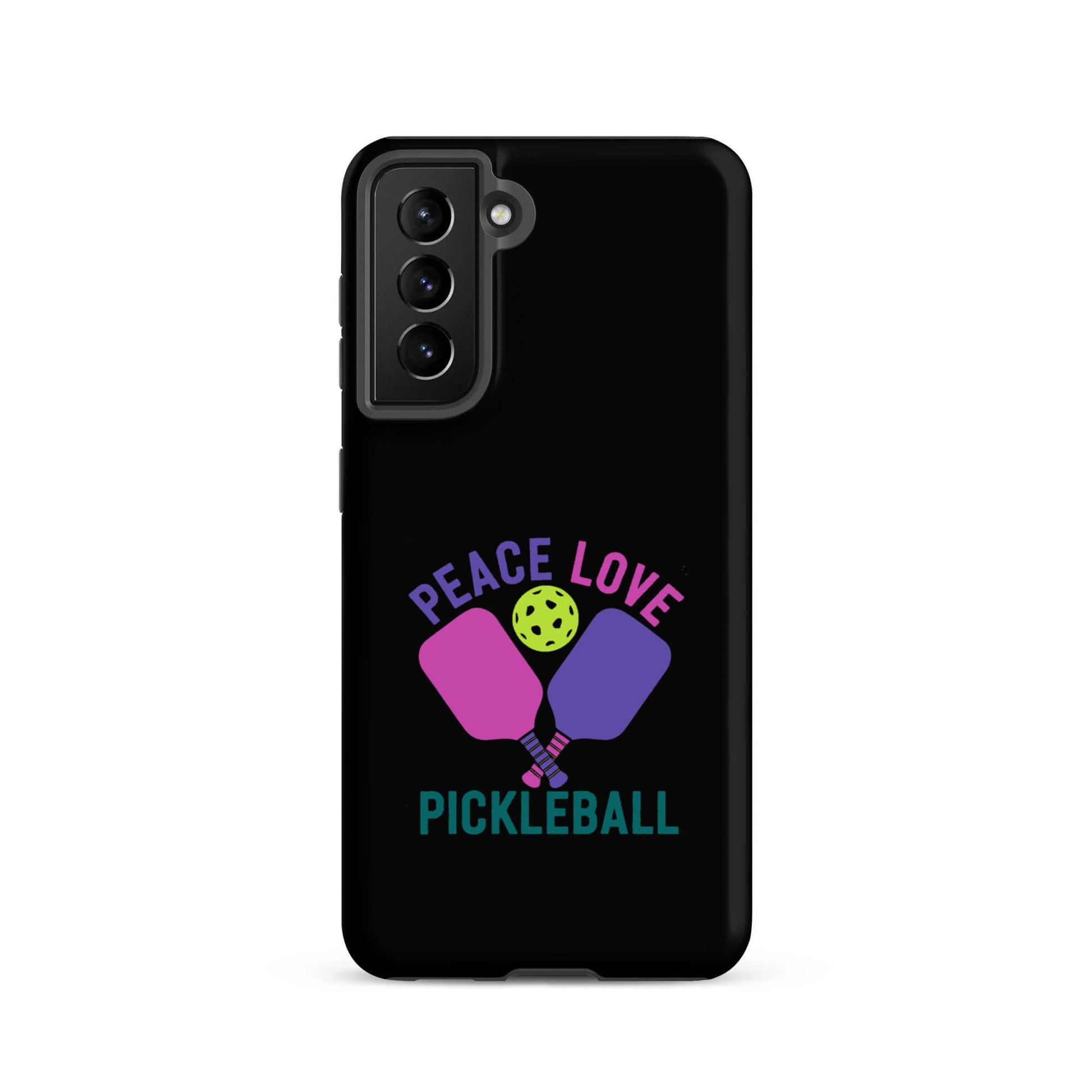 Peace Love Pickleball black tough case for Samsung Galaxy smartphones with colorful paddles and ball design.