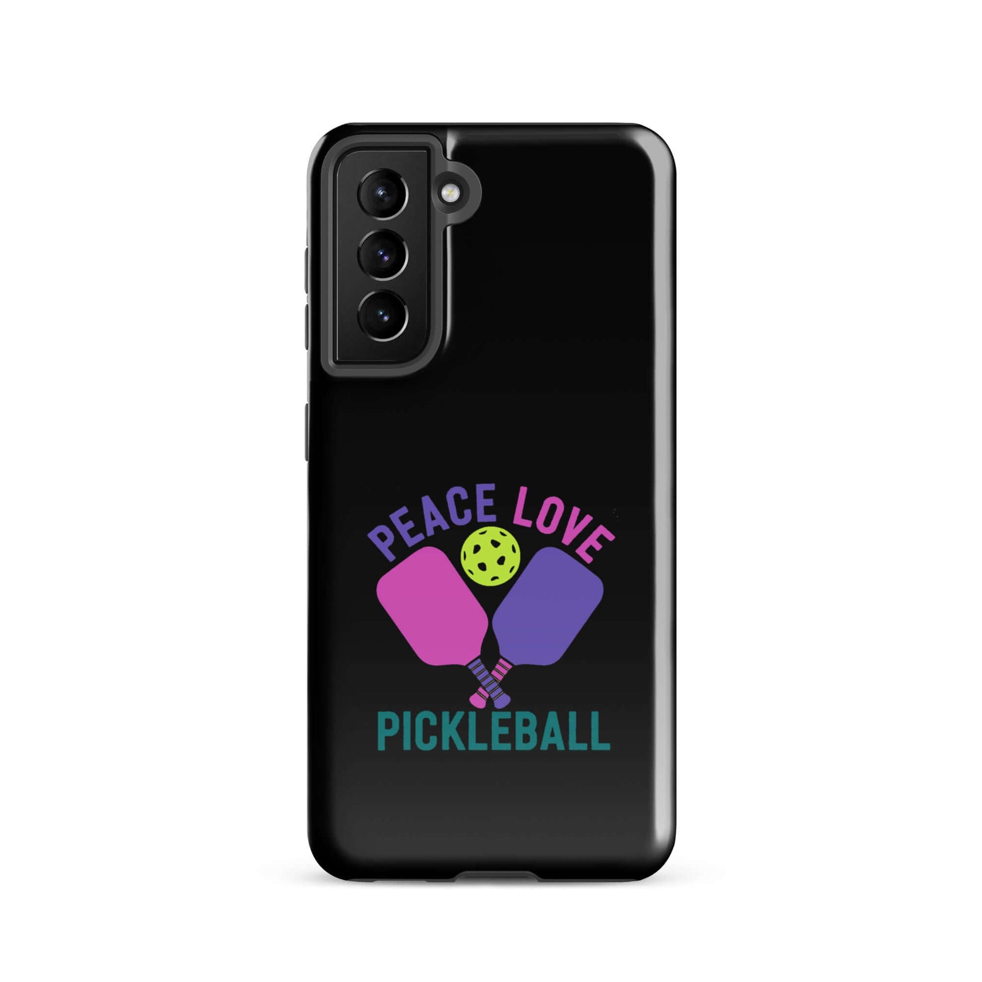 Peace Love Pickleball black tough case for Samsung Galaxy smartphones featuring paddles and ball design.