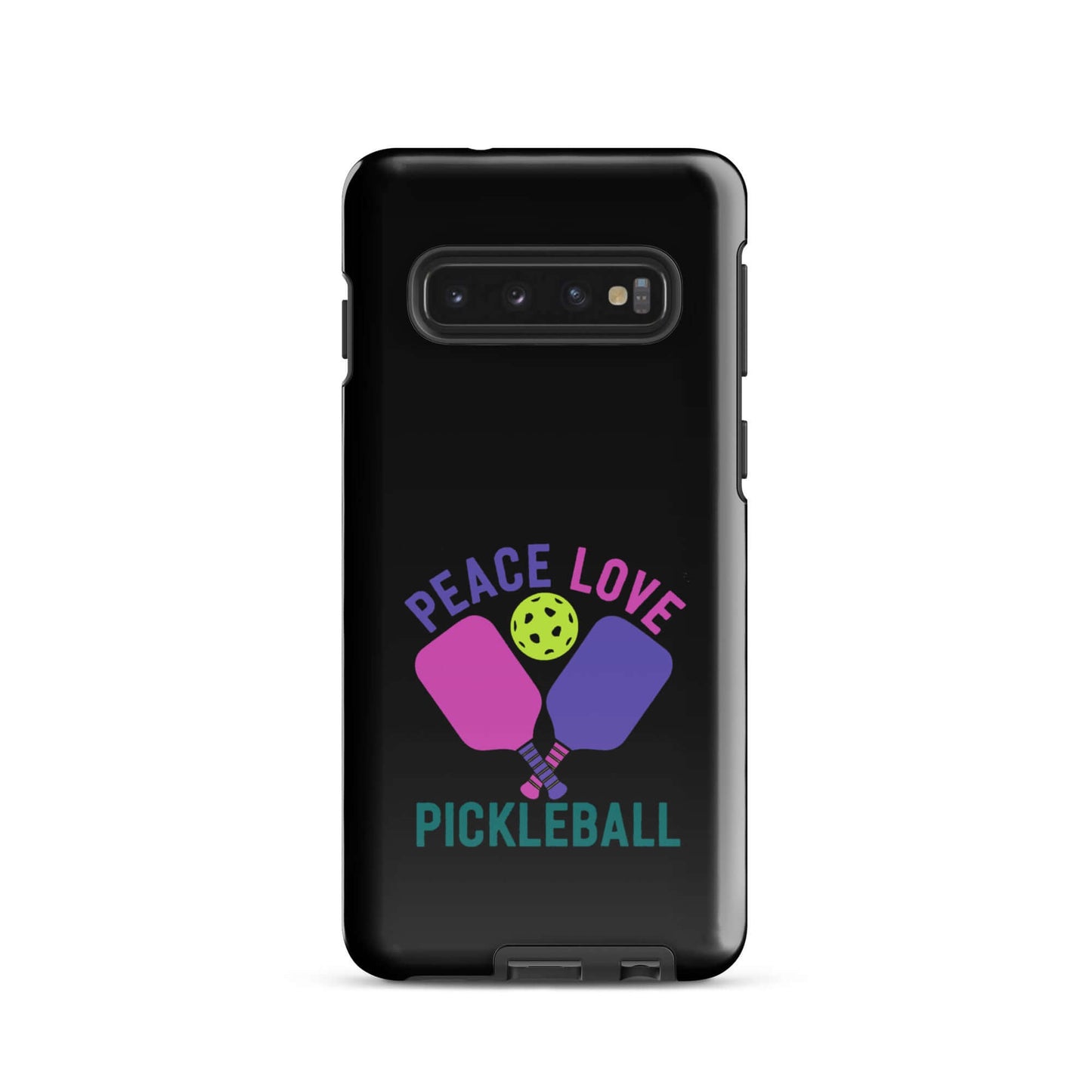 Peace Love Pickleball black tough case for Samsung Galaxy with colorful paddles and pickleball design.