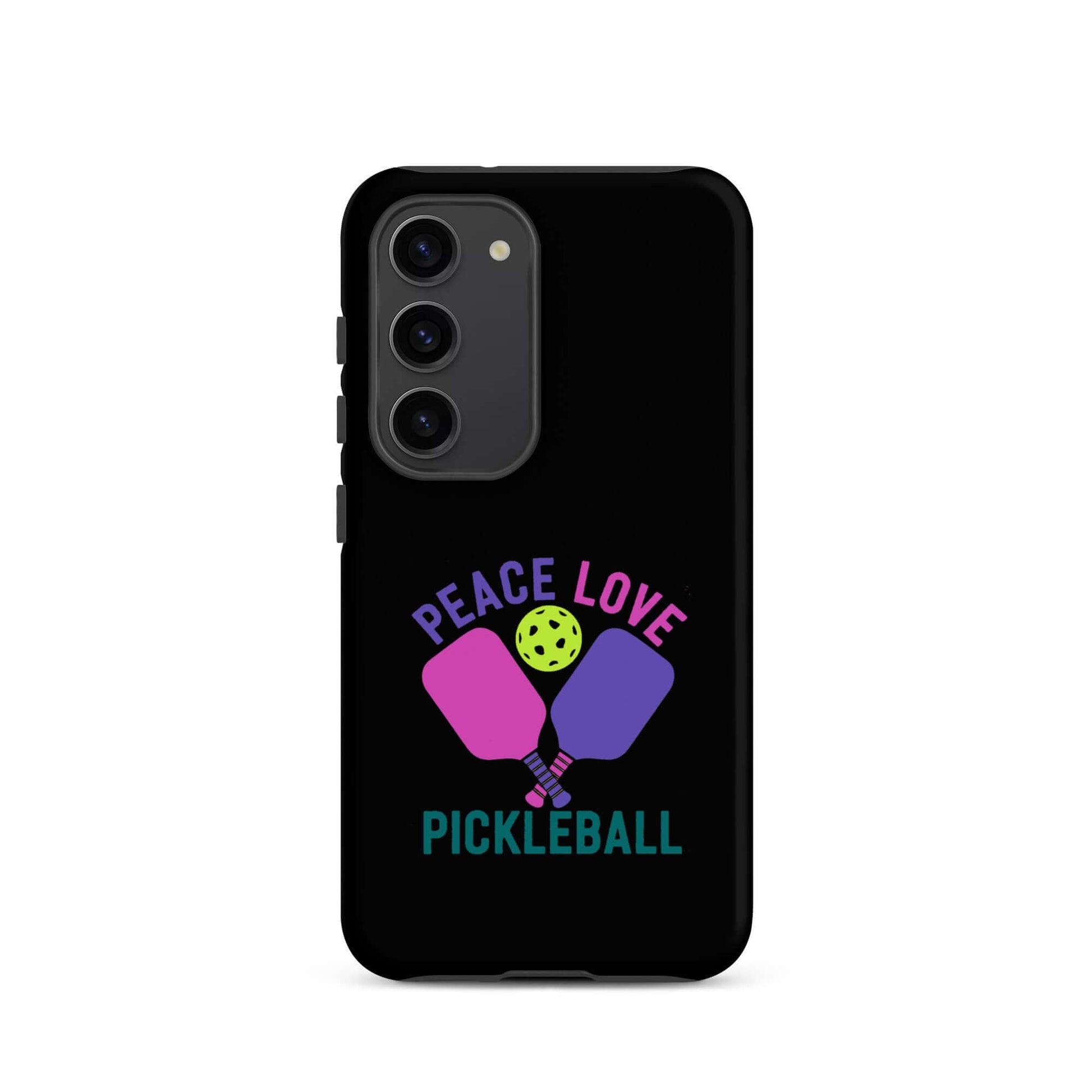Peace Love Pickleball Black Tough Case for Samsung Galaxy with paddles and ball design.