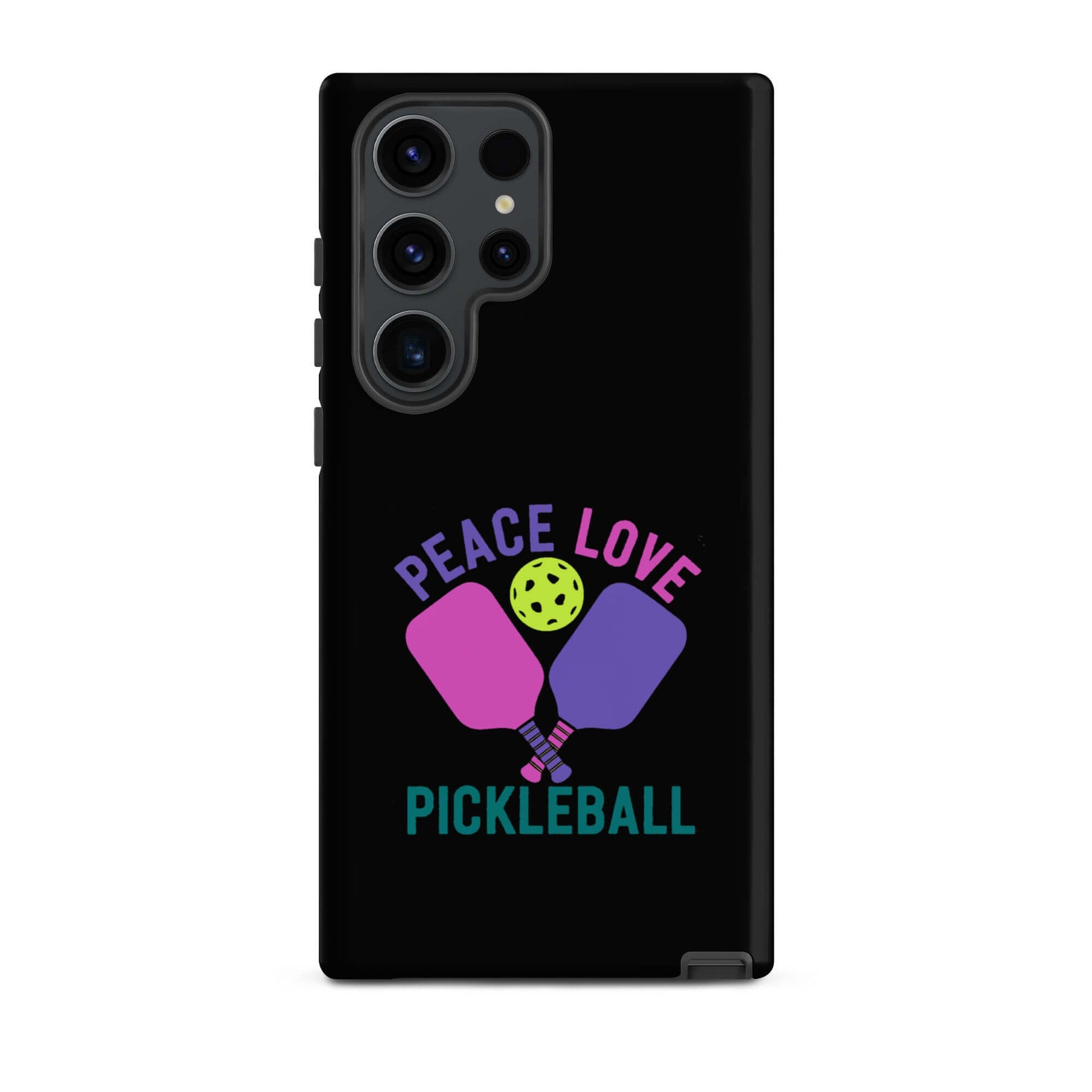 Peace Love Pickleball black tough case for Samsung Galaxy smartphones featuring paddles and a pickleball design.