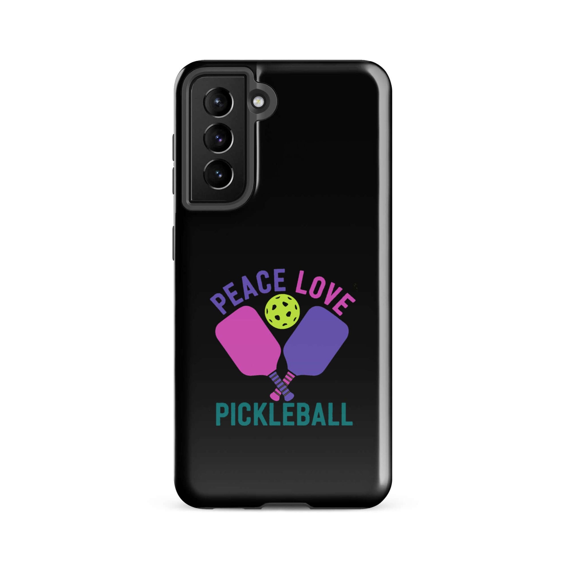 Peace, Love, Pickleball black tough case for Samsung Galaxy smartphones, stylish protection for fans.
