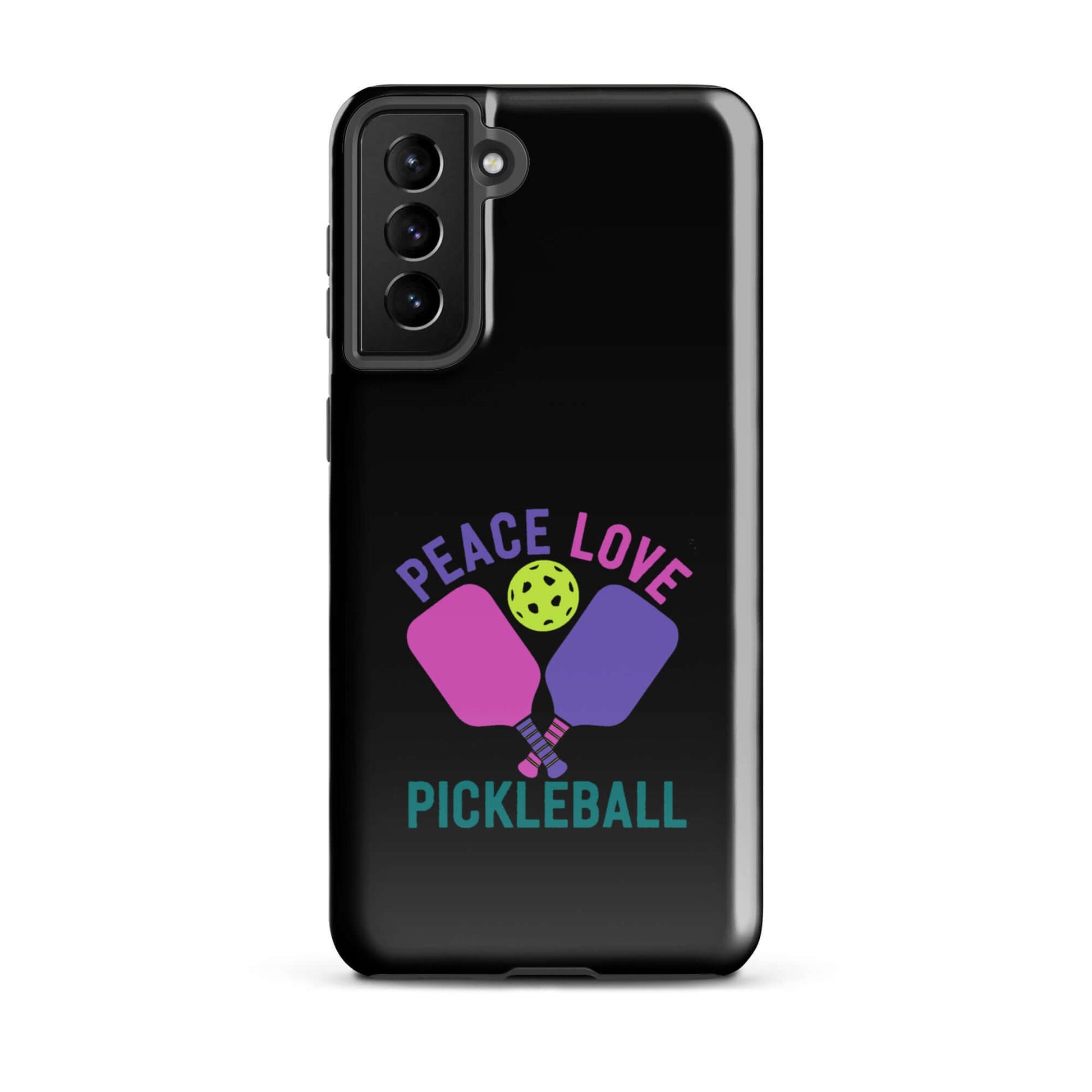 Peace Love Pickleball black tough case for Samsung Galaxy smartphones featuring paddles and a pickleball design.