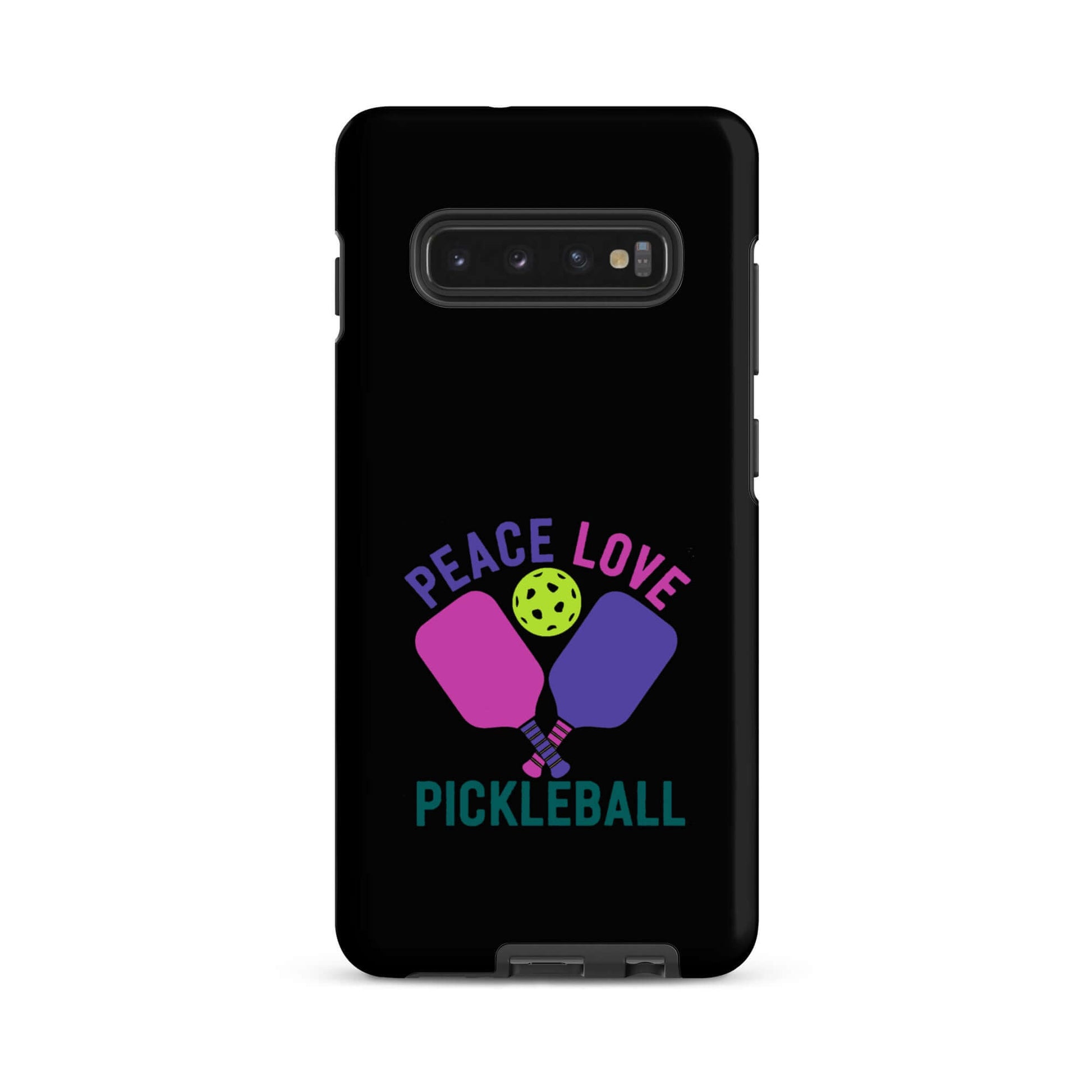 Peace Love Pickleball Black Tough Case for Samsung Galaxy smartphones with colorful paddles and ball design.