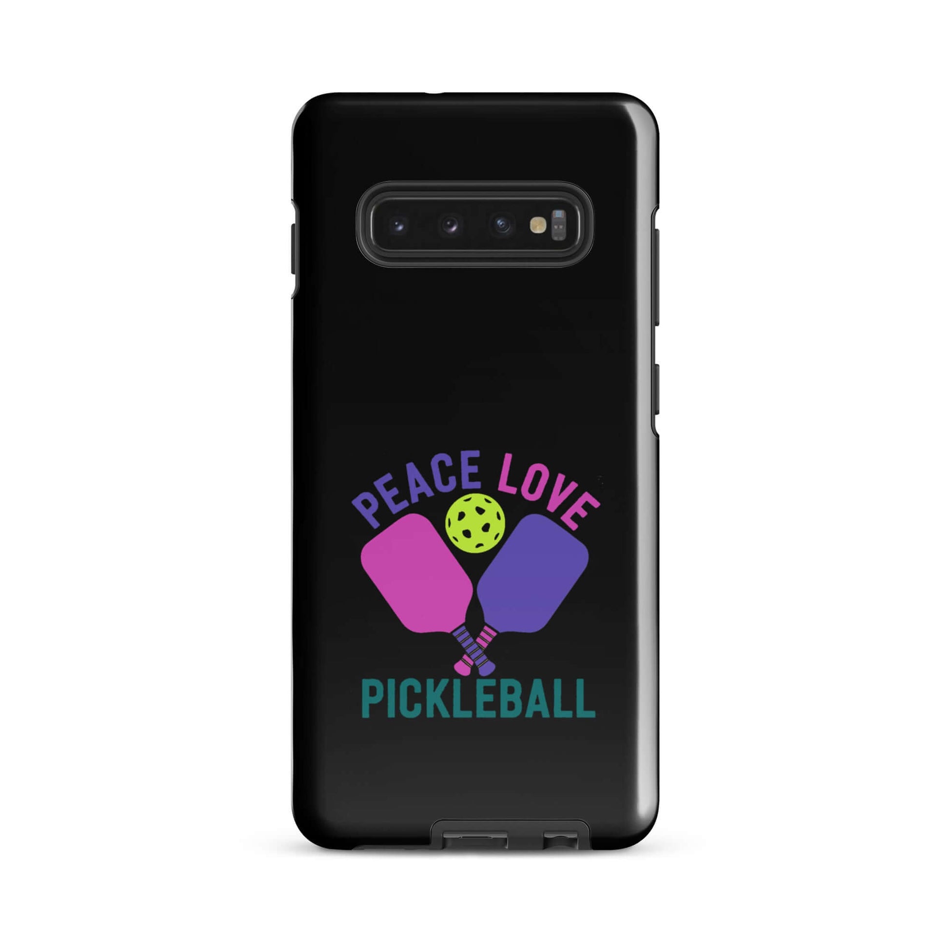 Peace Love Pickleball black tough case for Samsung Galaxy smartphones with colorful paddles and ball design.