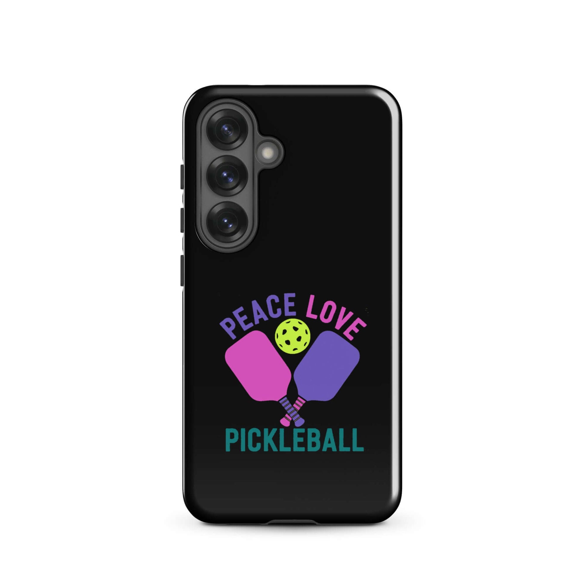 Peace Love Pickleball black tough case for Samsung Galaxy smartphones showcasing paddles and pickleball design.