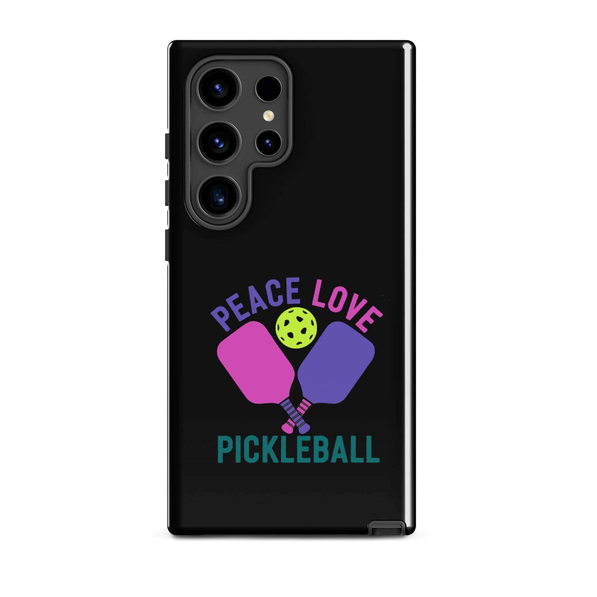 Peace Love Pickleball black tough case for Samsung Galaxy smartphones, featuring vibrant graphic design.