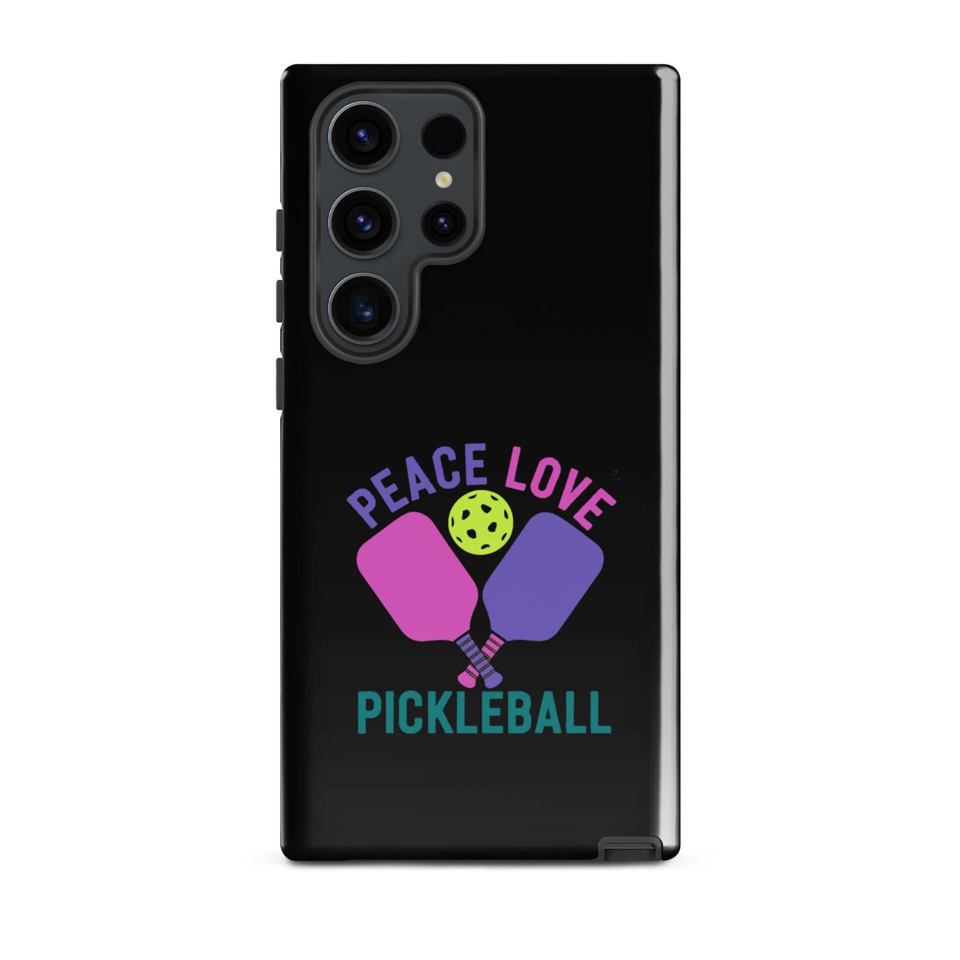 Peace Love Pickleball black tough case for Samsung Galaxy smartphones featuring vibrant pickleball design.