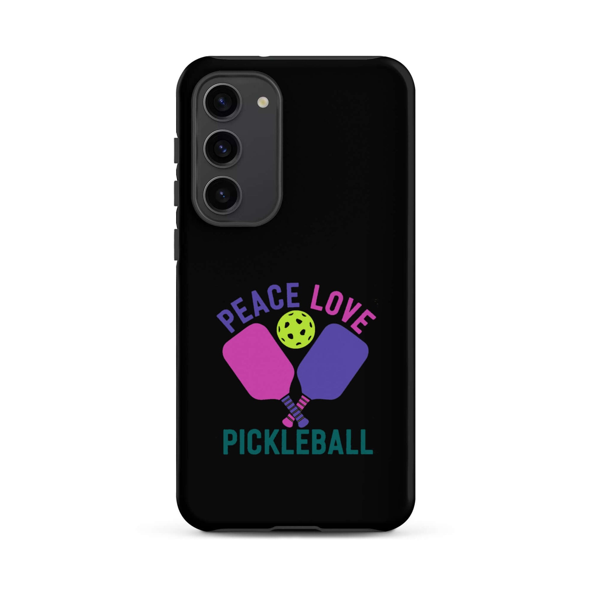 Peace, Love, Pickleball design on a black tough case for Samsung Galaxy smartphones.