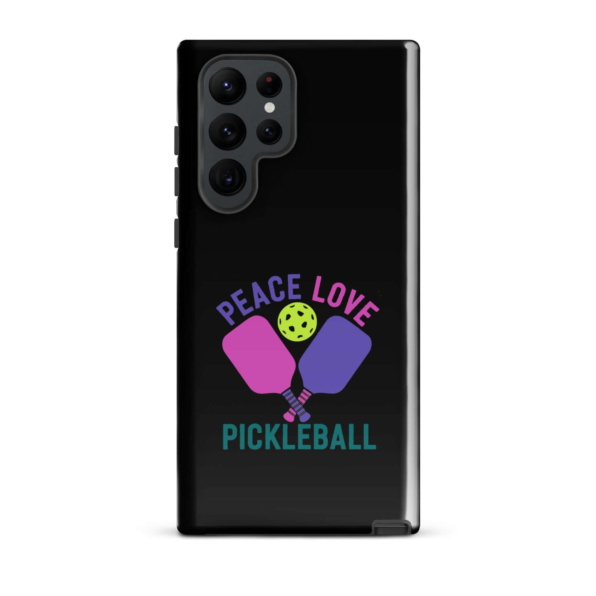Peace Love Pickleball black tough case for Samsung Galaxy with paddles and ball design.