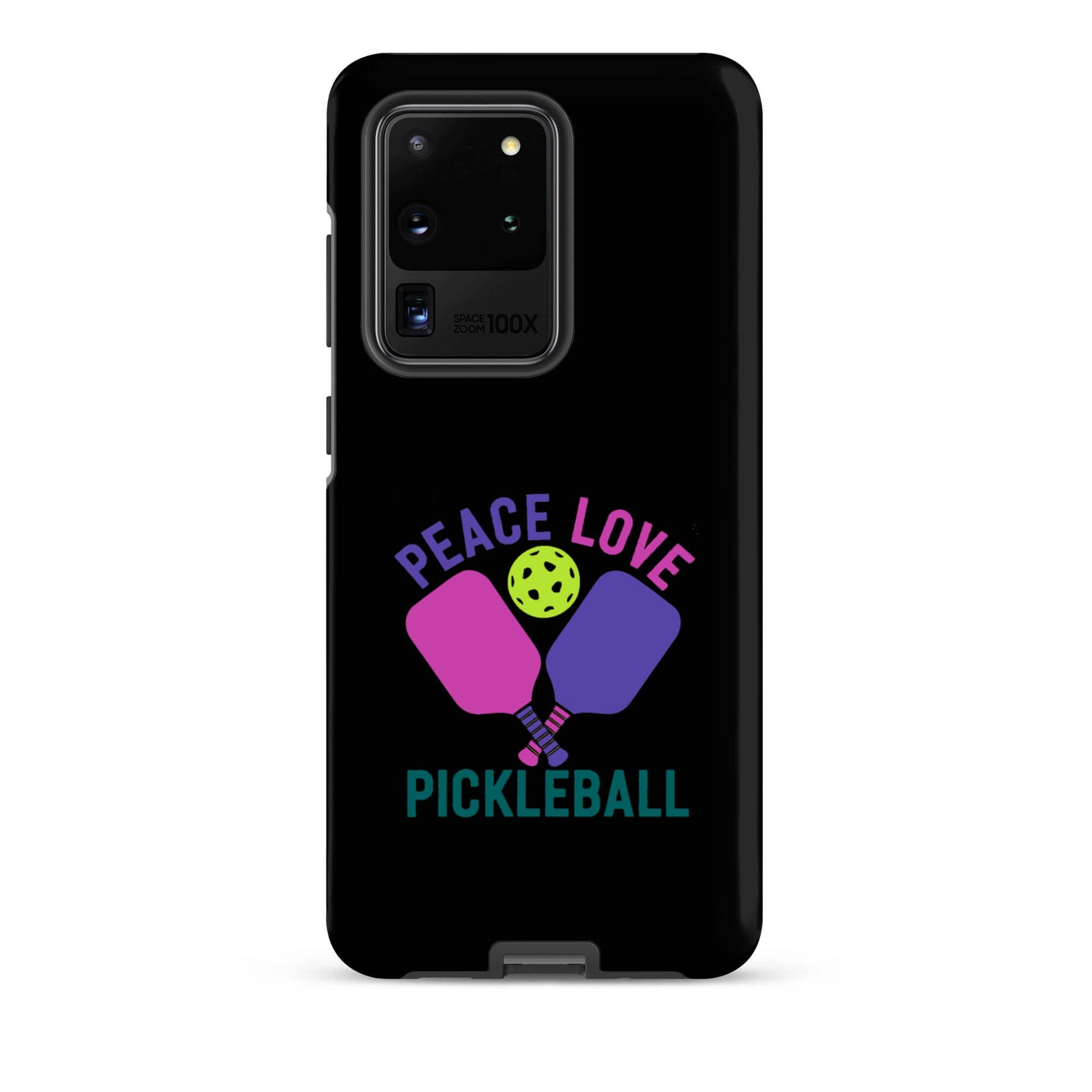 Peace, Love, Pickleball tough case for Samsung Galaxy smartphones with colorful design.