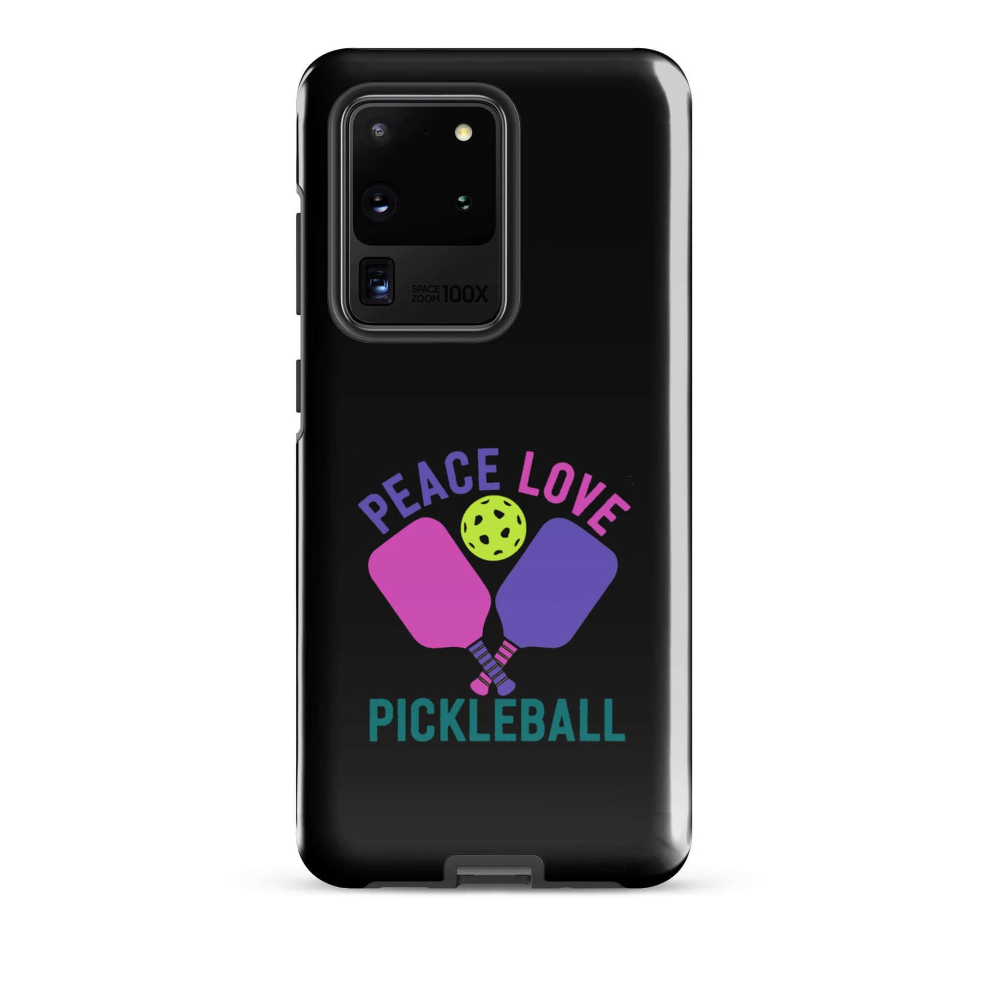 Peace Love Pickleball Black Tough Case for Samsung Galaxy smartphones, featuring vibrant colors and paddle design.