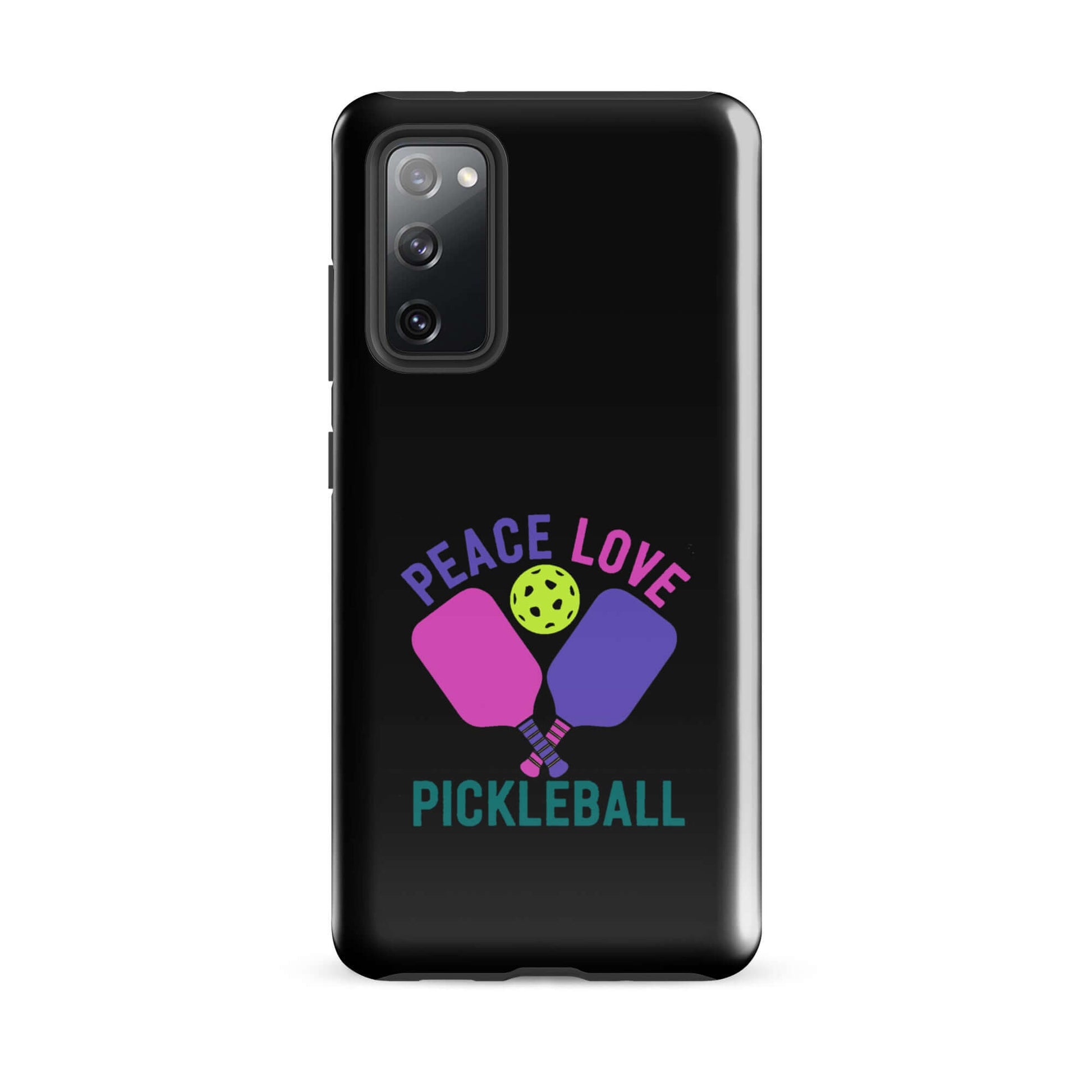 Black tough case for Samsung Galaxy with 'Peace Love Pickleball' design and pickleball paddles.