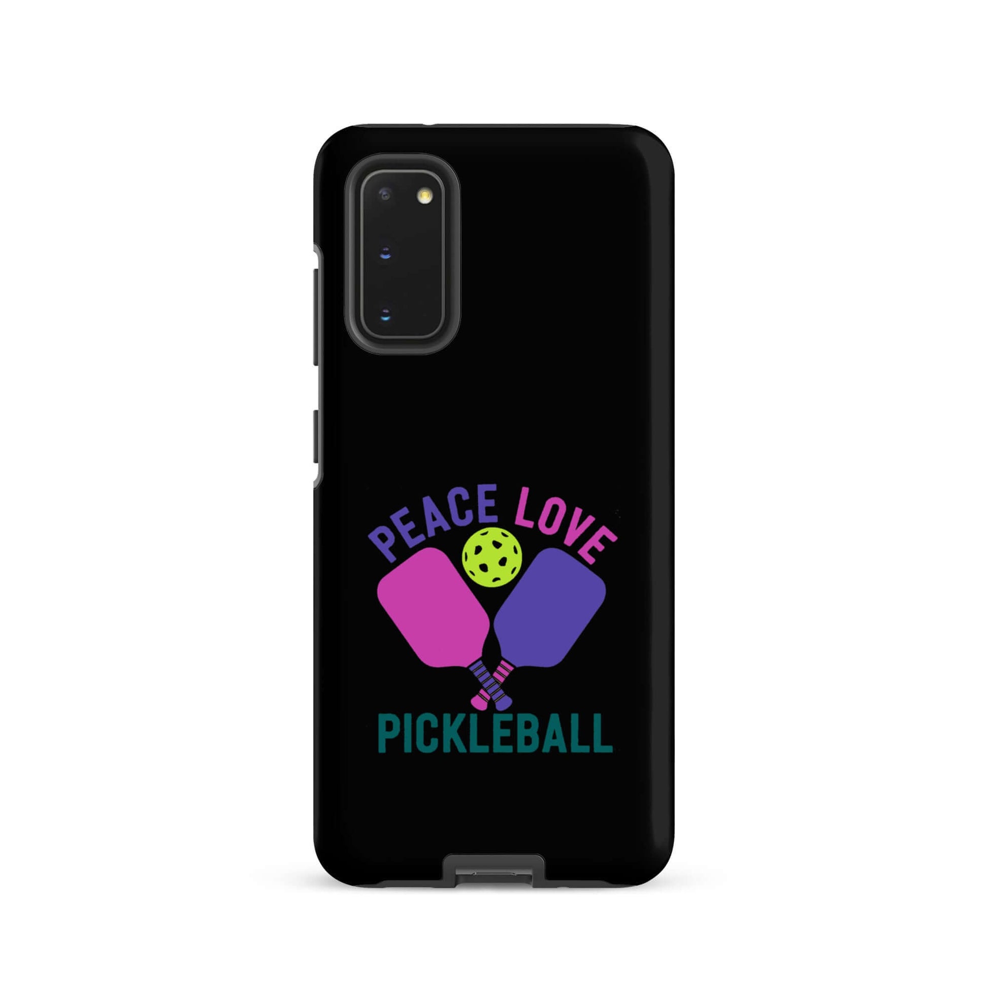 Peace Love Pickleball Black Tough Case for Samsung Galaxy smartphones with graphic design of paddles and pickleball.
