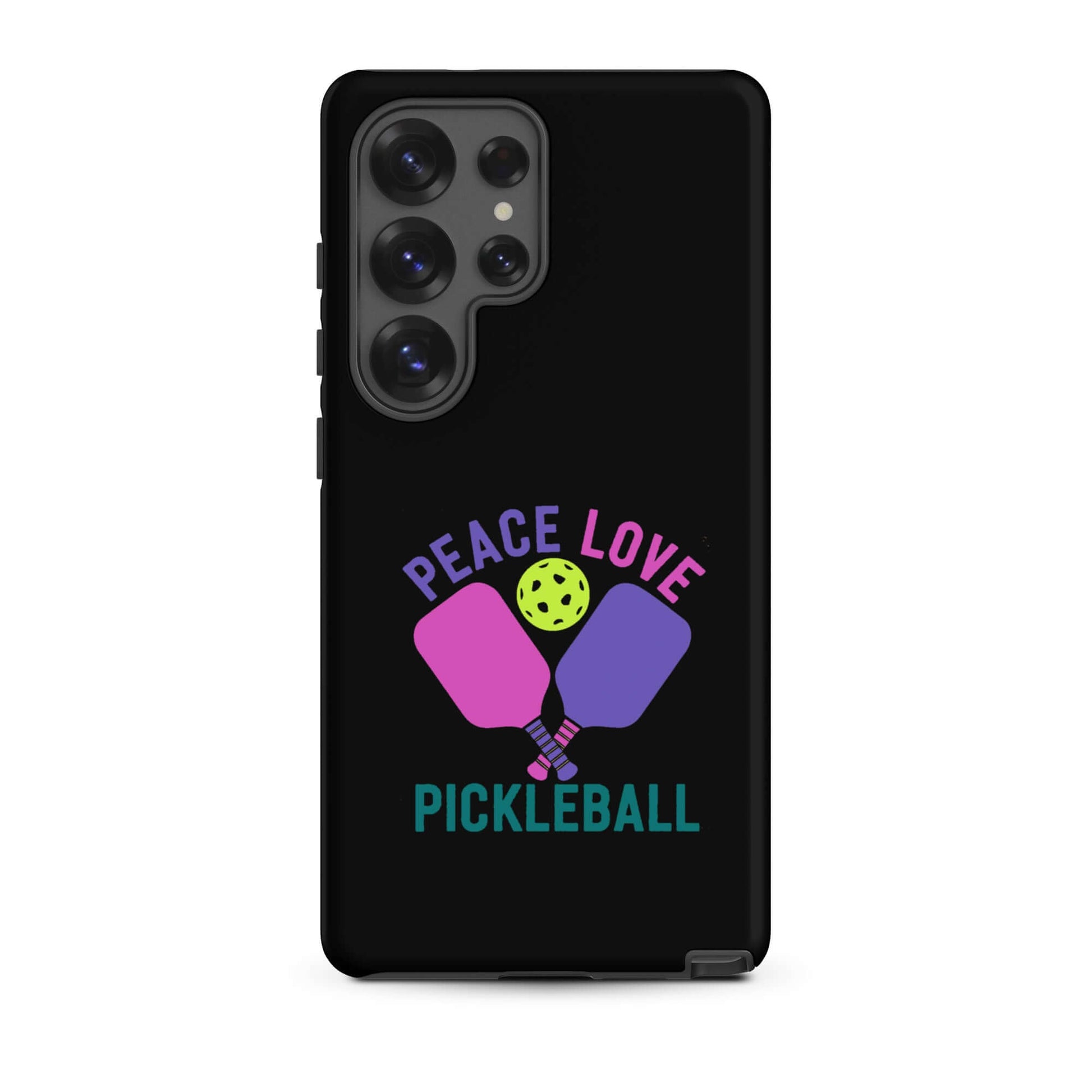 Peace Love Pickleball black tough case for Samsung Galaxy smartphones with colorful paddles and ball design.