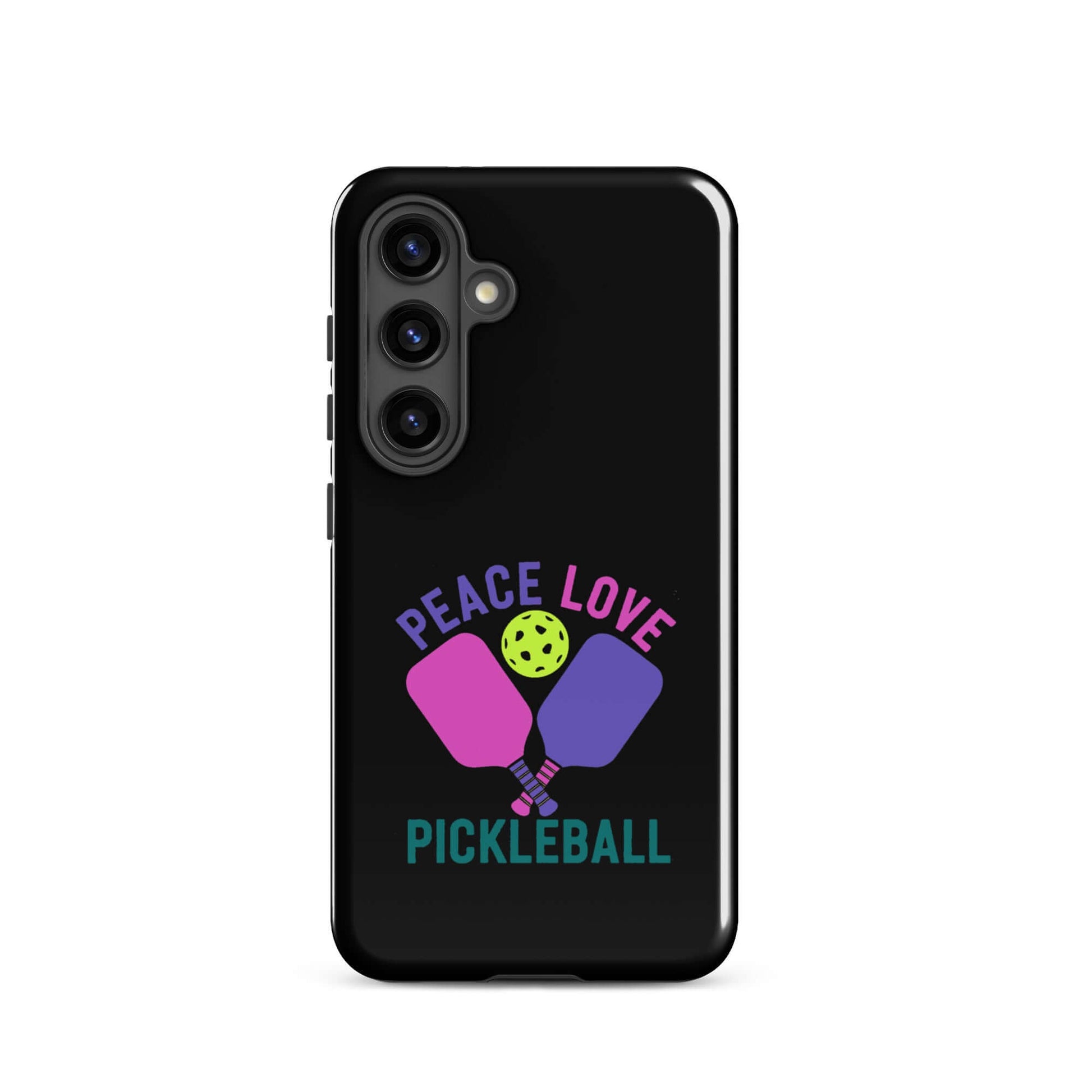 Peace Love Pickleball black tough case for Samsung Galaxy smartphones with colorful paddles and ball design.