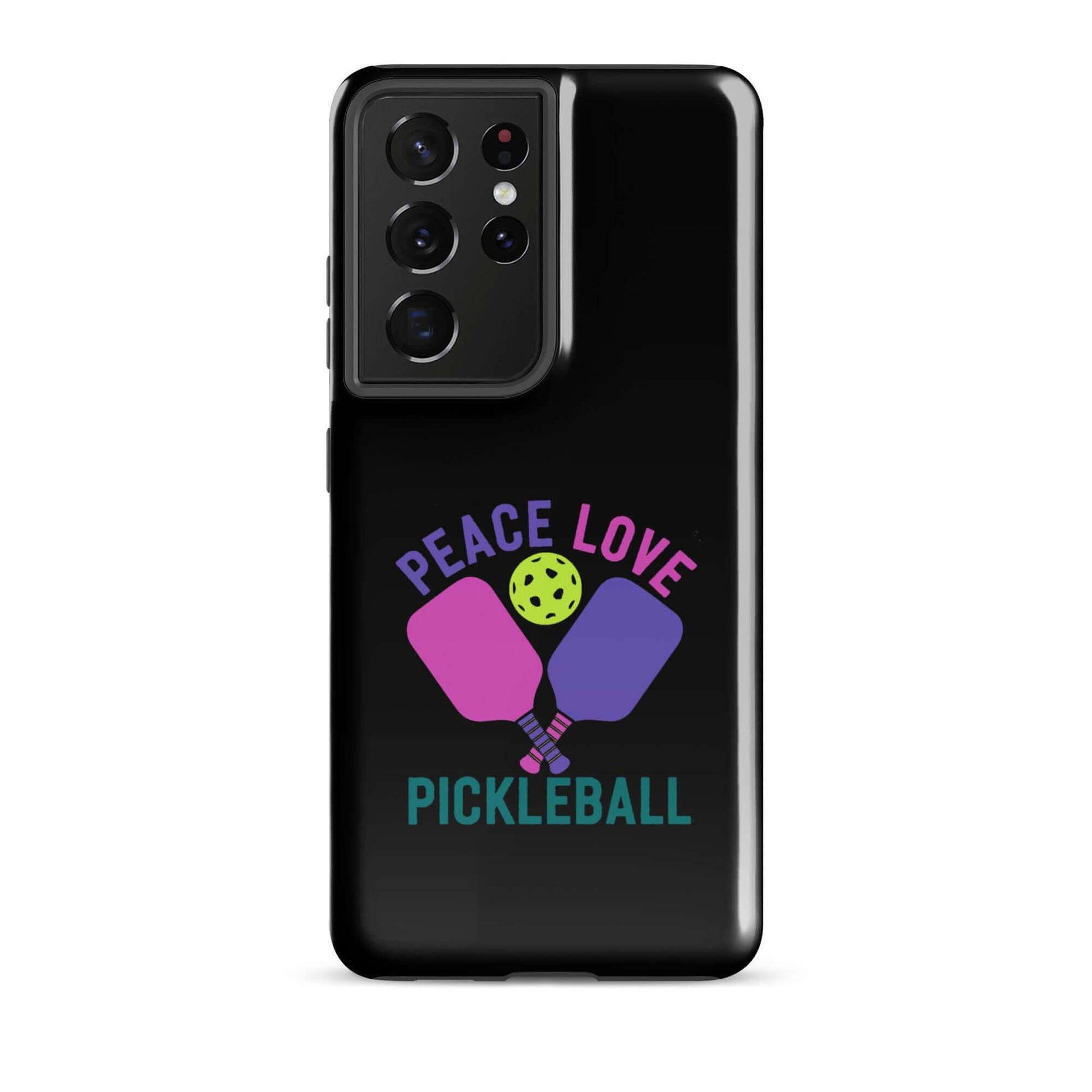 Peace Love Pickleball black tough case designed for Samsung Galaxy smartphones with colorful paddles and ball design.