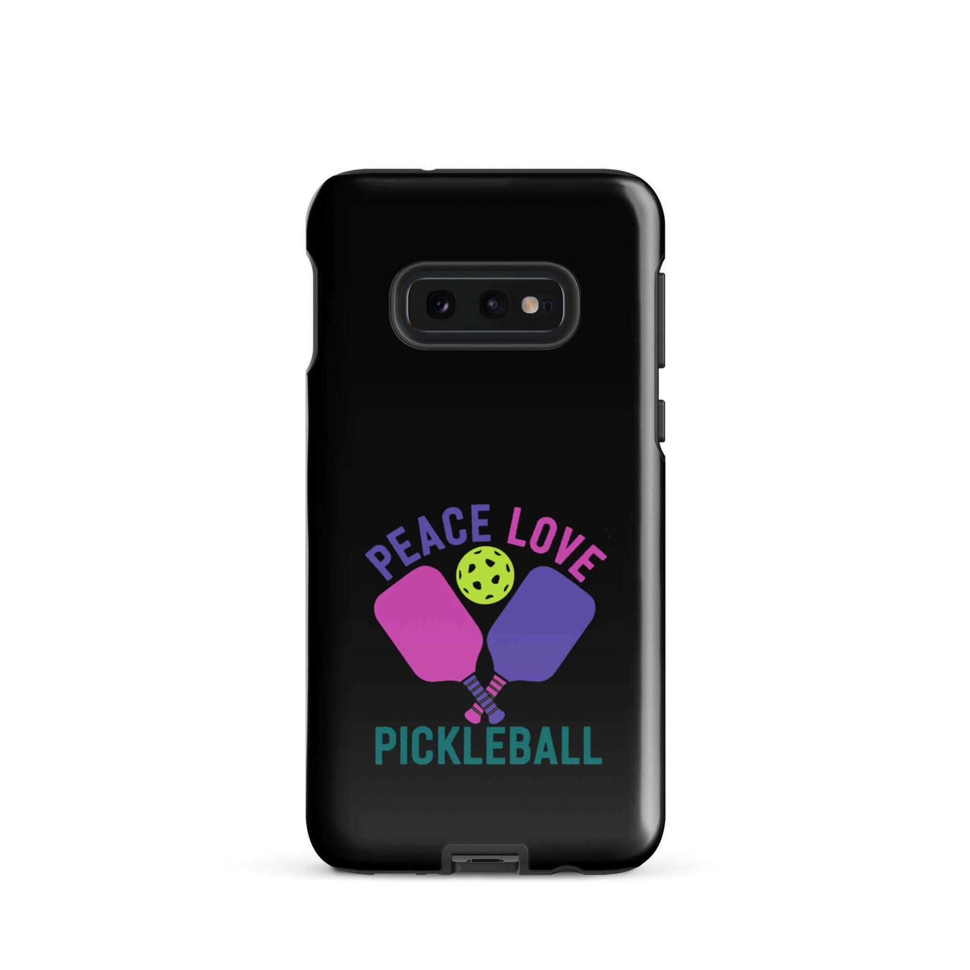 Peace Love Pickleball black tough case for Samsung Galaxy smartphones featuring paddles and a pickleball design.