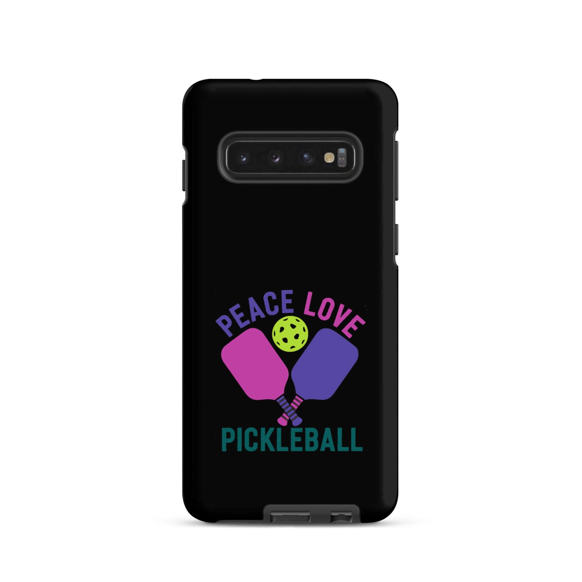 Peace Love Pickleball black tough case for Samsung Galaxy smartphones with colorful paddles and pickleball graphic.