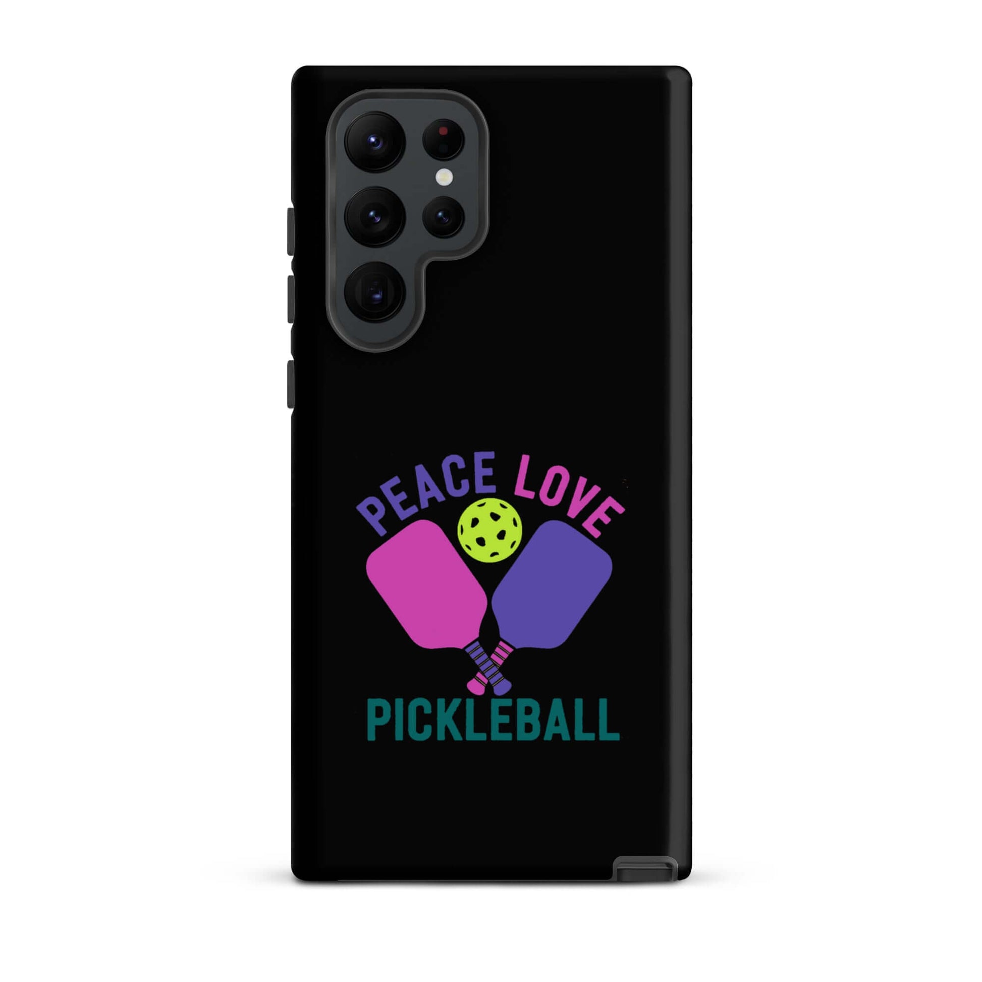 Peace, Love, Pickleball black tough case for Samsung Galaxy smartphones showcasing vibrant graphic design.