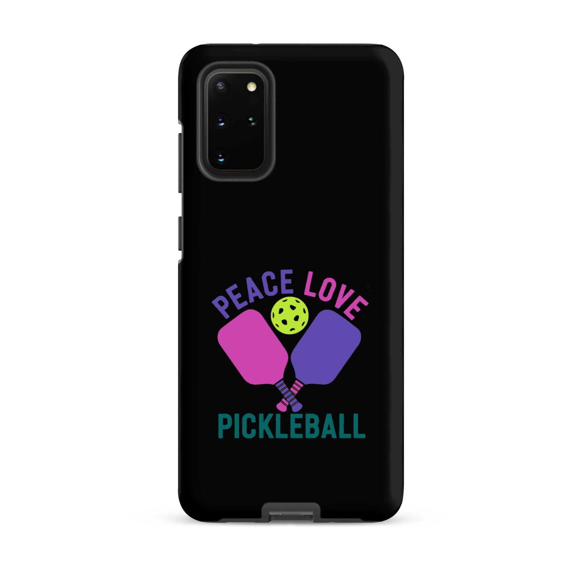 Peace, Love, Pickleball black tough case for Samsung Galaxy smartphones with paddles and ball design.