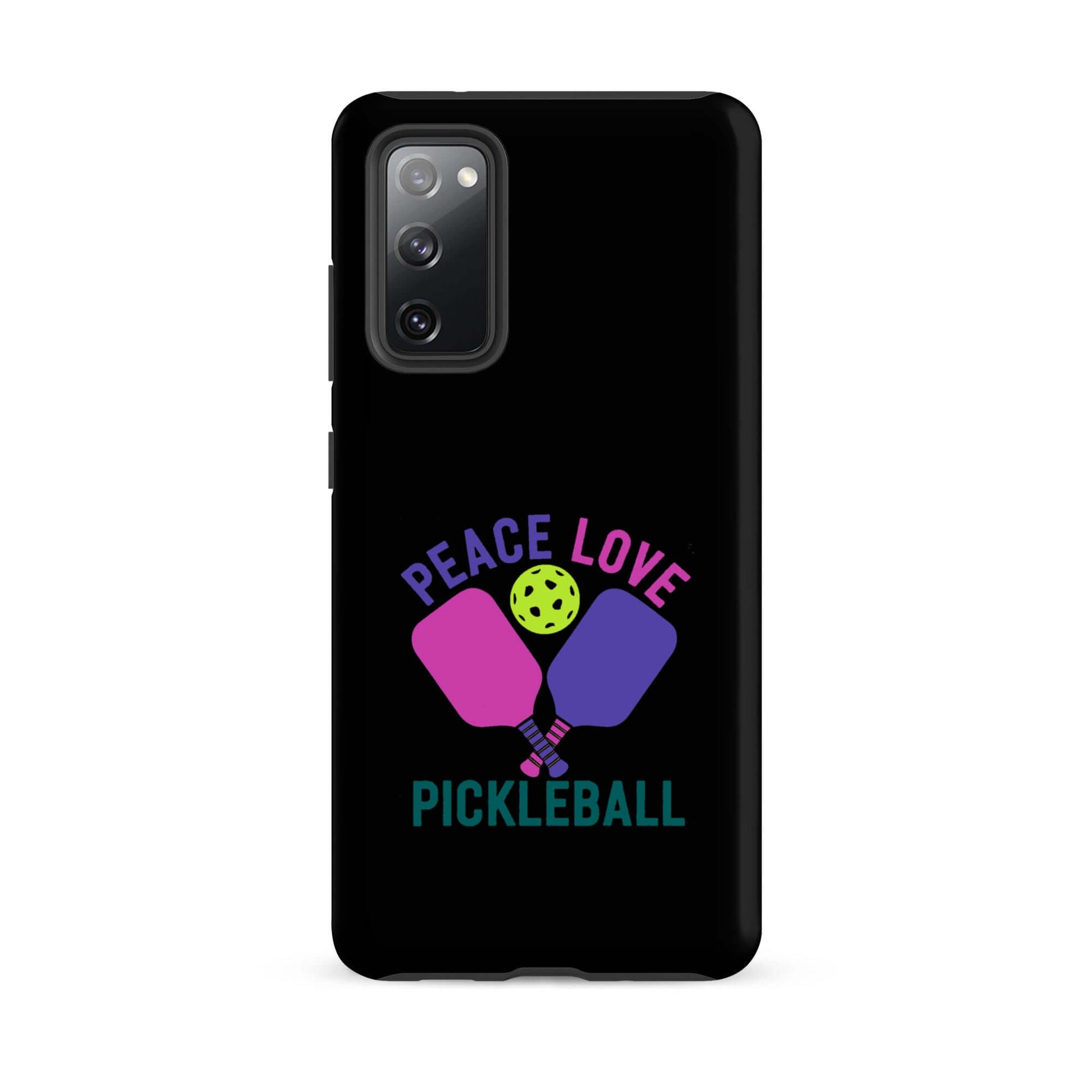 Peace Love Pickleball black tough case for Samsung Galaxy smartphones with vibrant paddles and ball design.