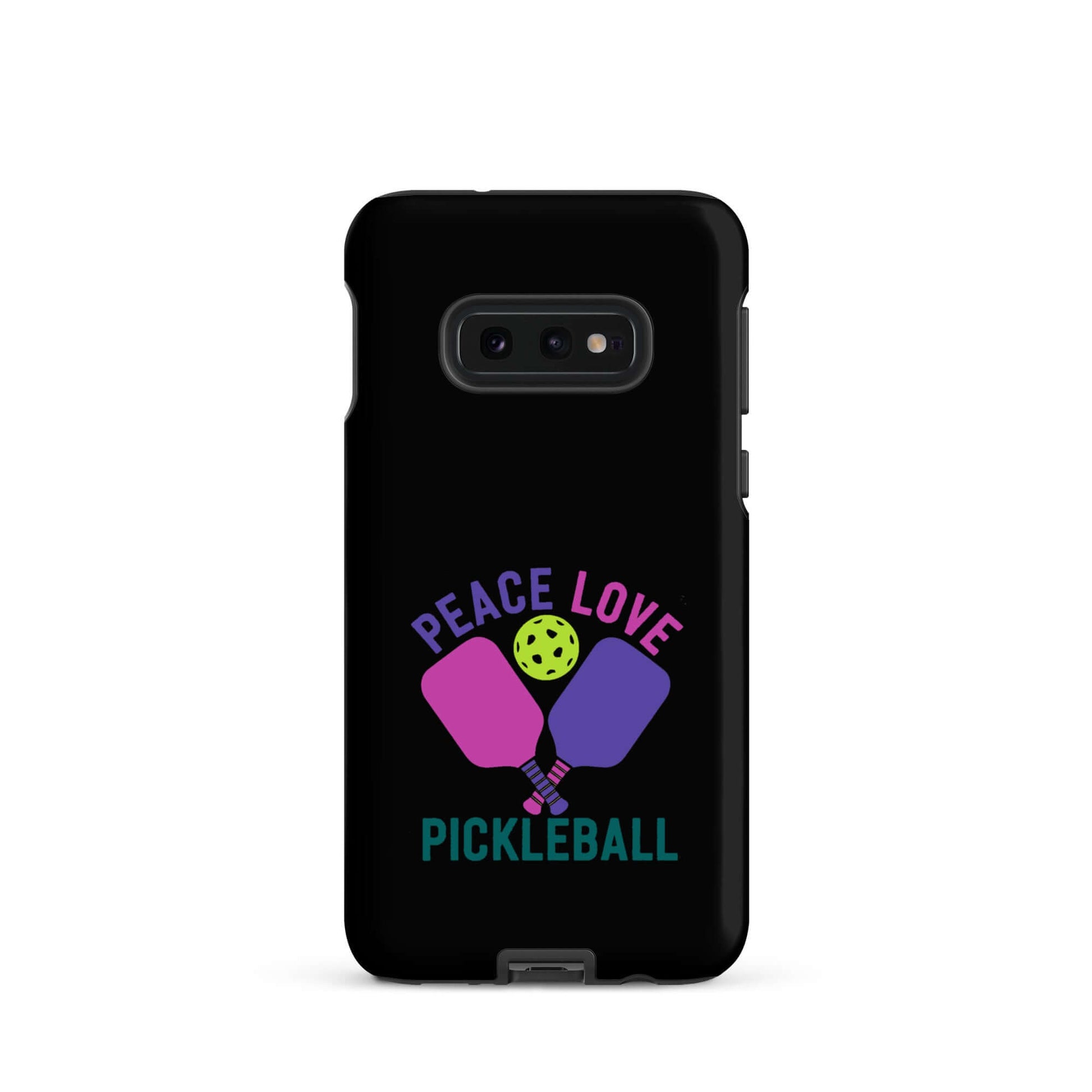 Peace Love Pickleball black tough case for Samsung Galaxy smartphones with paddles and ball design.