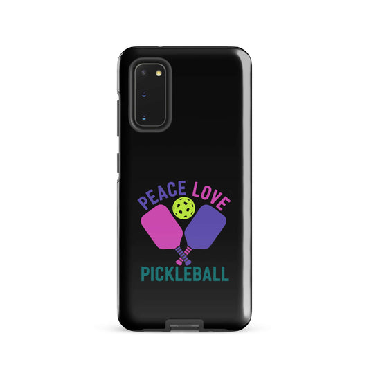Peace Love Pickleball black tough case for Samsung Galaxy with paddles and ball design.