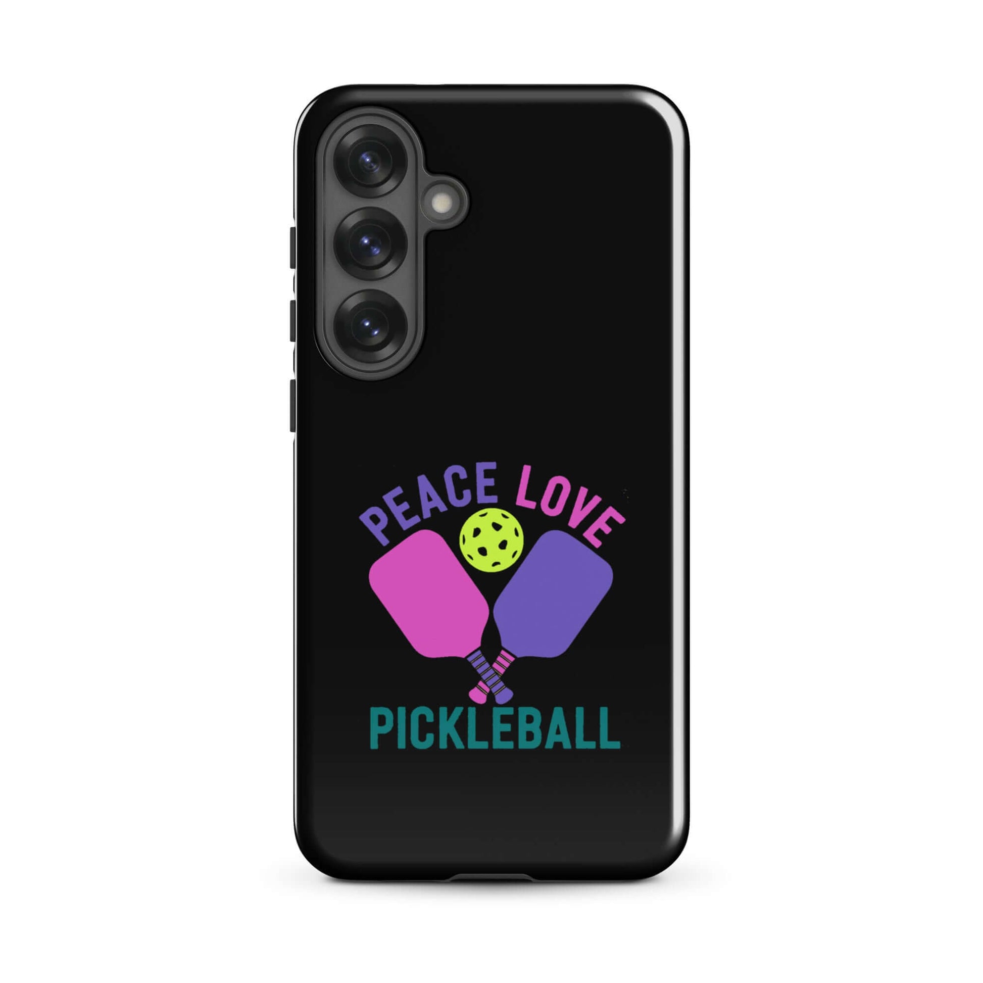 Peace, Love, Pickleball black tough case for Samsung Galaxy smartphones with vibrant paddles design.
