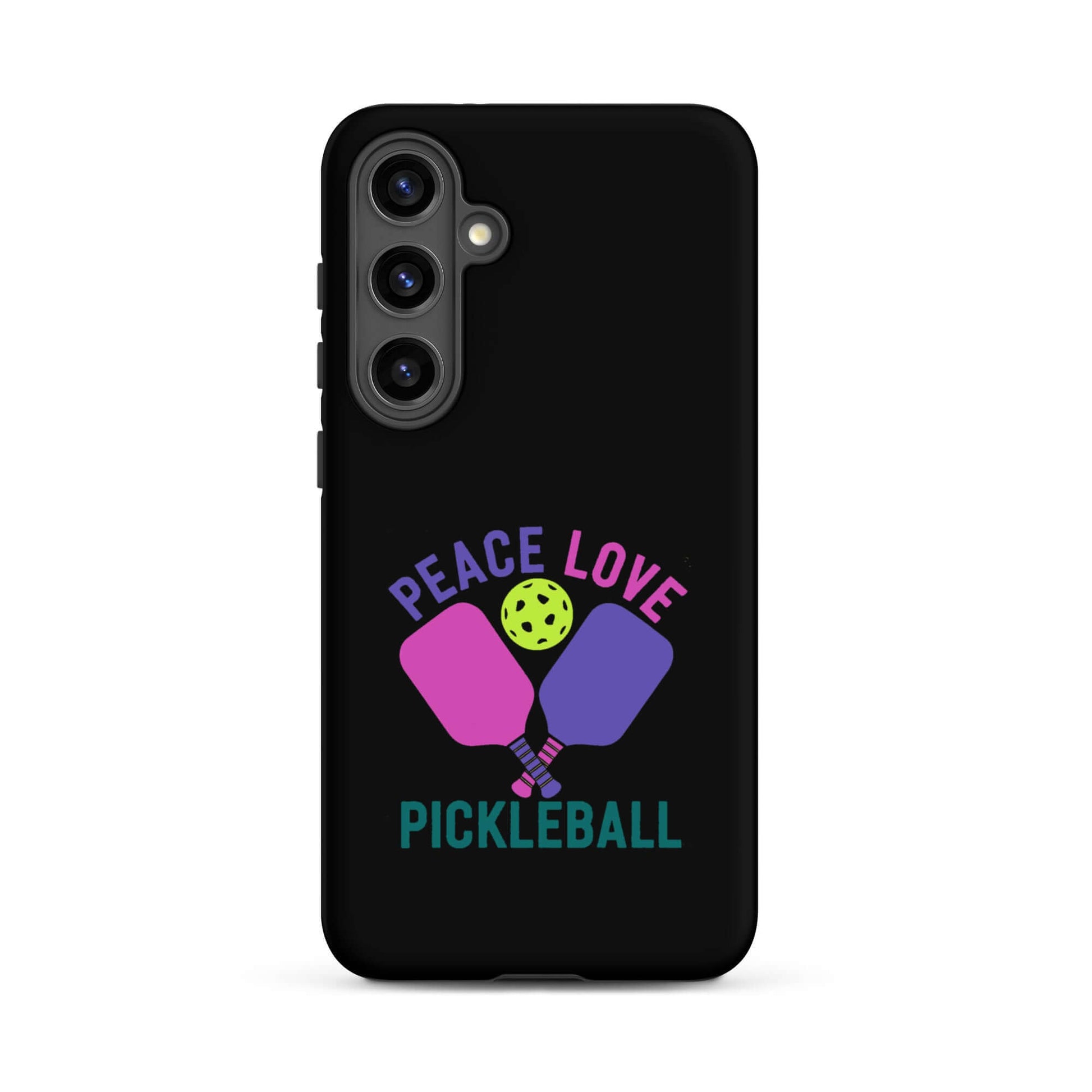 Peace Love Pickleball black tough case for Samsung Galaxy featuring paddles and a pickleball design.