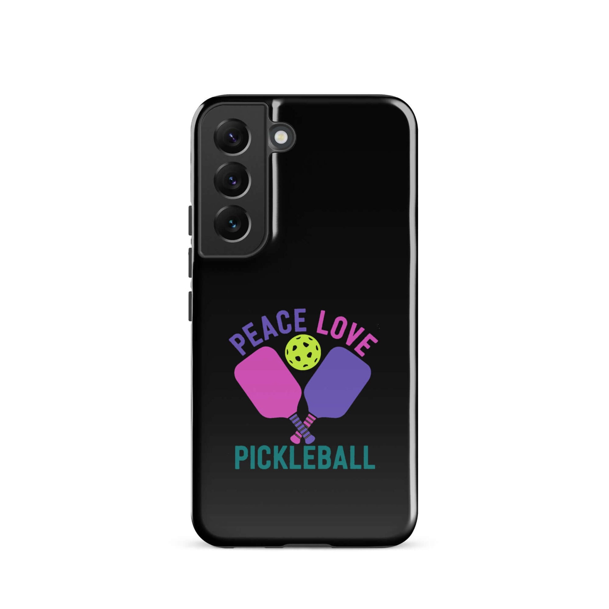 Peace Love Pickleball black tough case for Samsung Galaxy smartphones, featuring colorful paddles and a ball design.