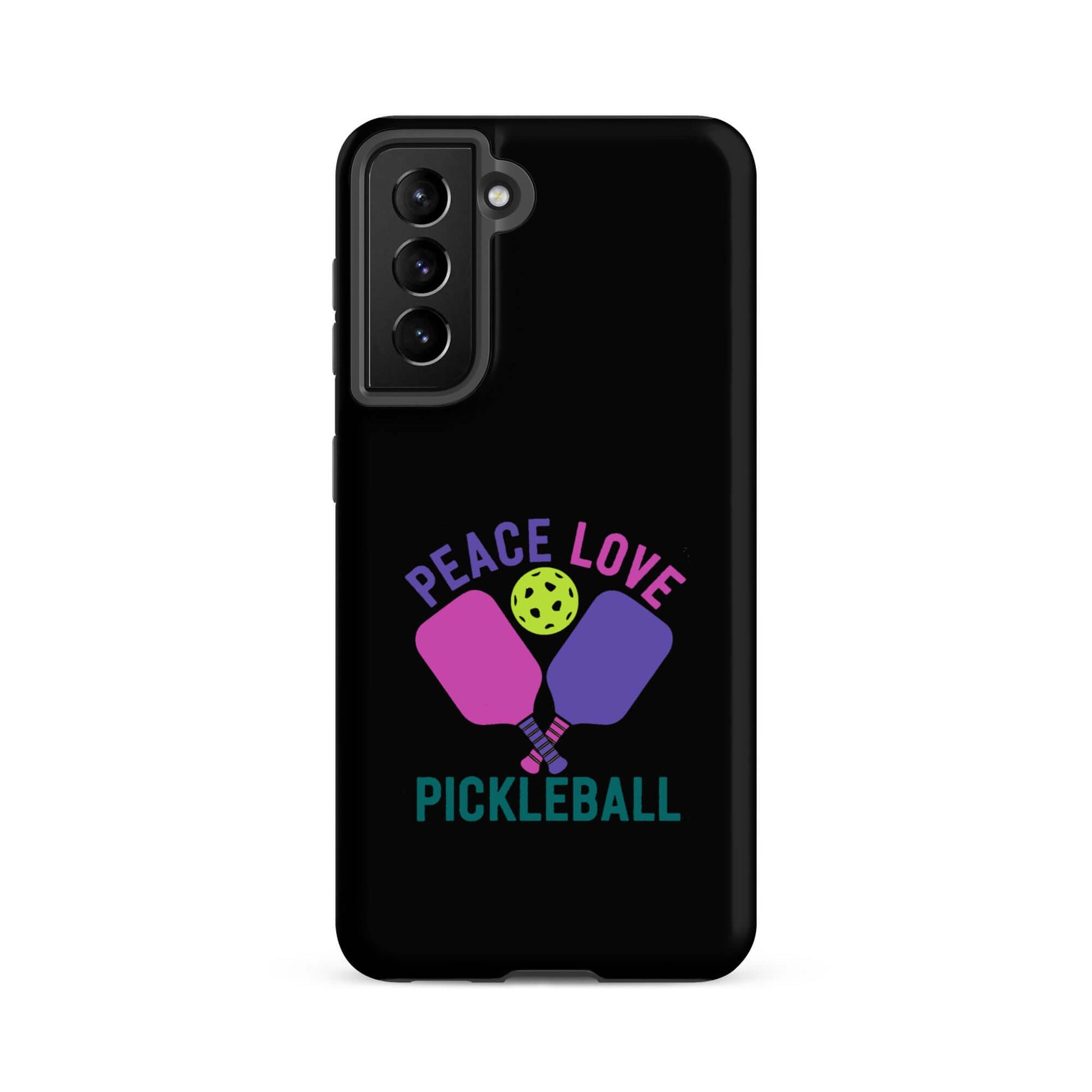Peace, Love, Pickleball black tough case for Samsung Galaxy smartphones with colorful paddles and ball design.