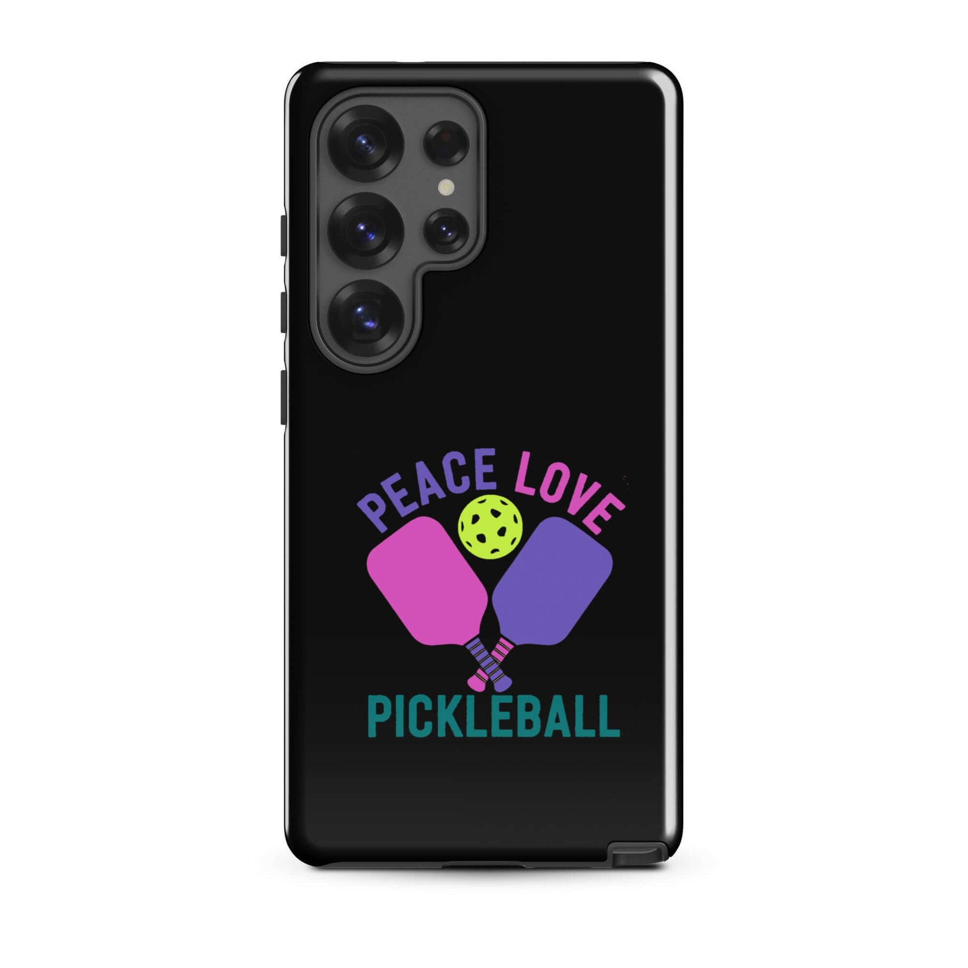 Peace, Love, Pickleball black tough case for Samsung Galaxy smartphones with colorful design.