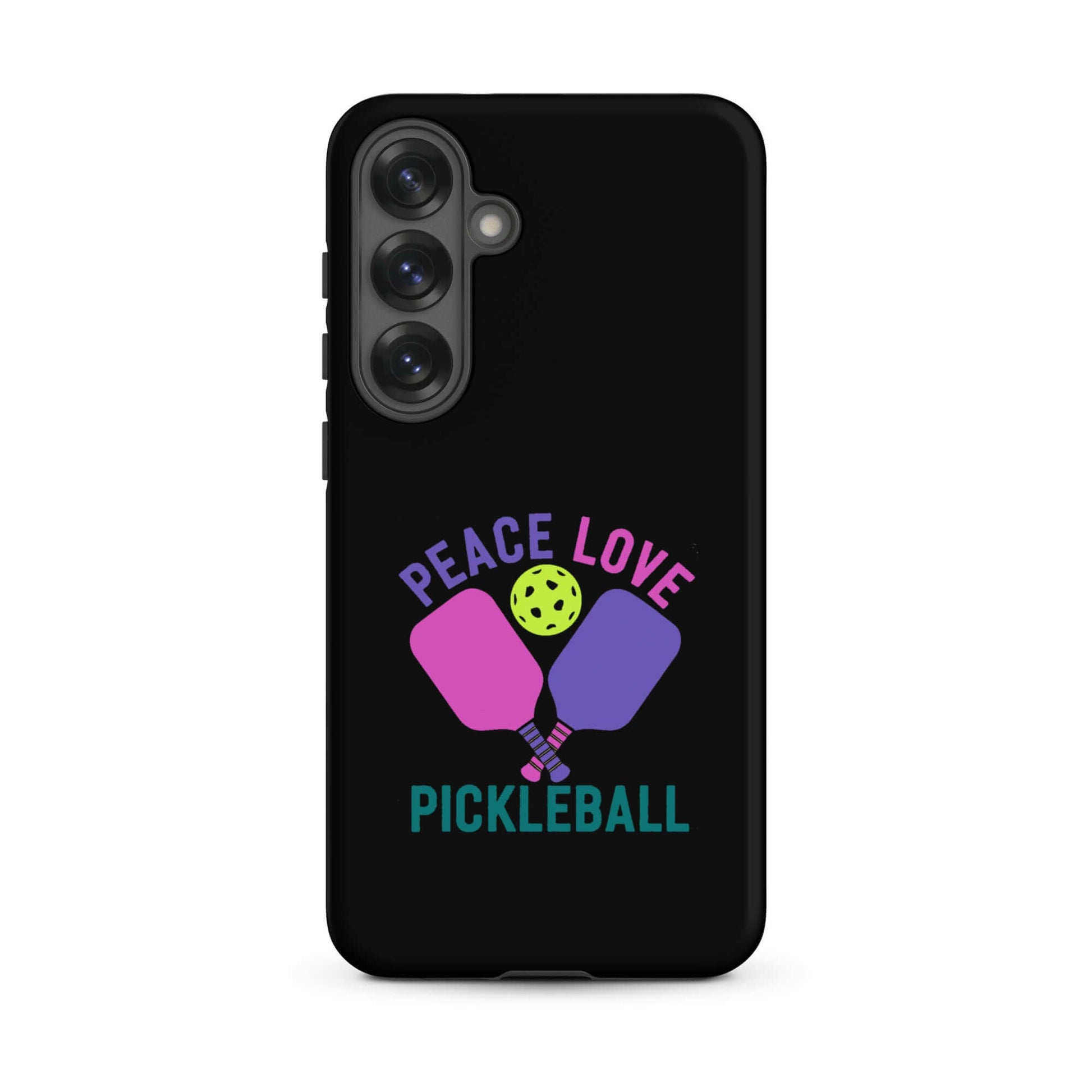 Peace Love Pickleball black tough case for Samsung Galaxy smartphones featuring paddles and a pickleball.