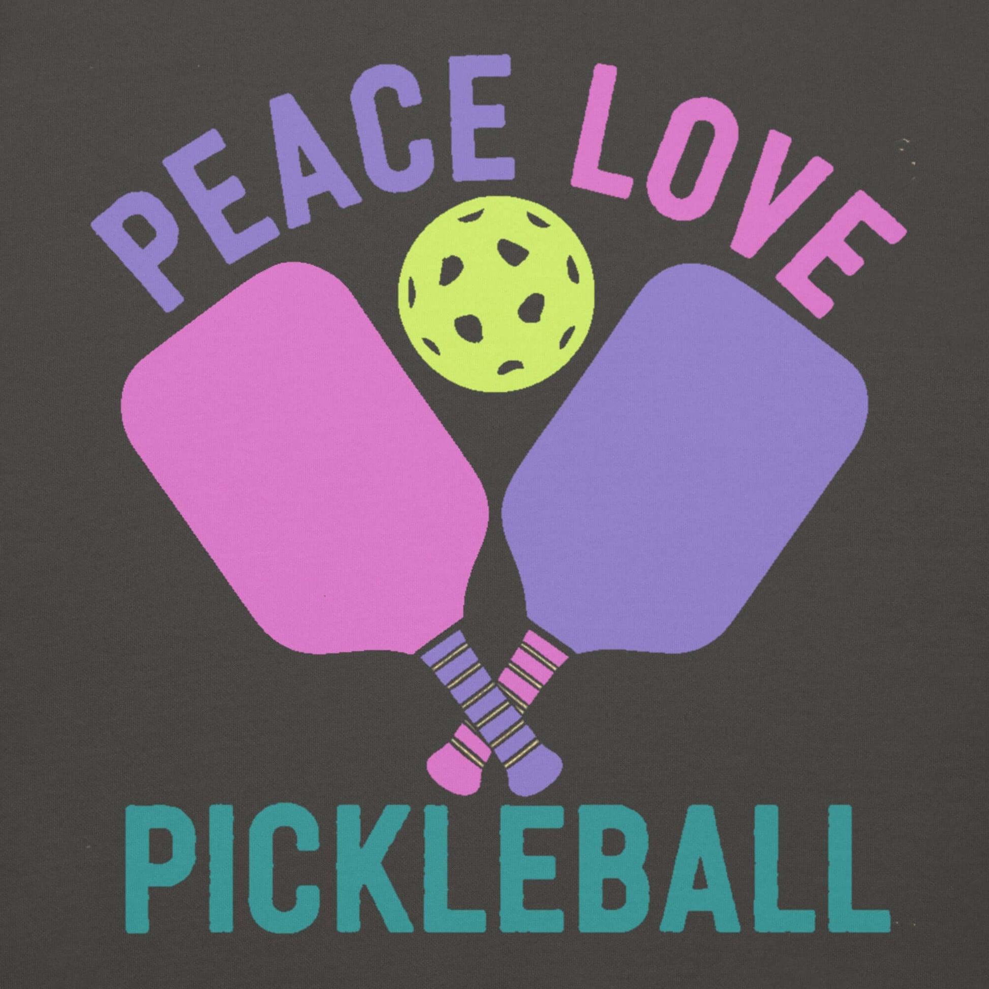 Graphic design featuring paddles and a ball with text: Peace Love Pickleball, perfect for pickleball lovers.